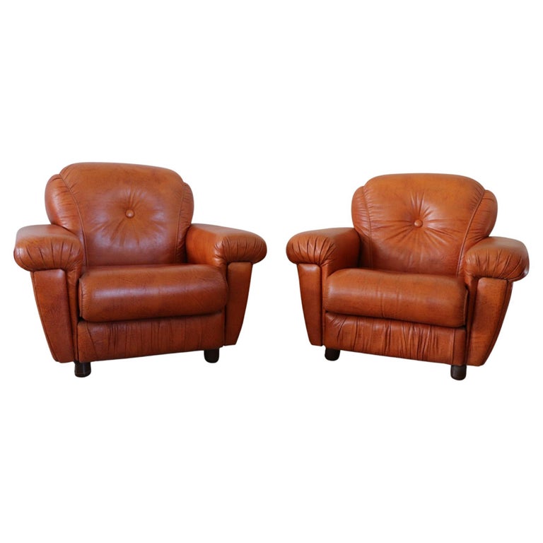 Italian Vintage Pair of Armchairs in Orange Faux Leather, 1980s For Sale