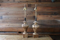 Italian Vintage Pair of Carved Wood Gilt Table Lamps With Fluted Urn Bases