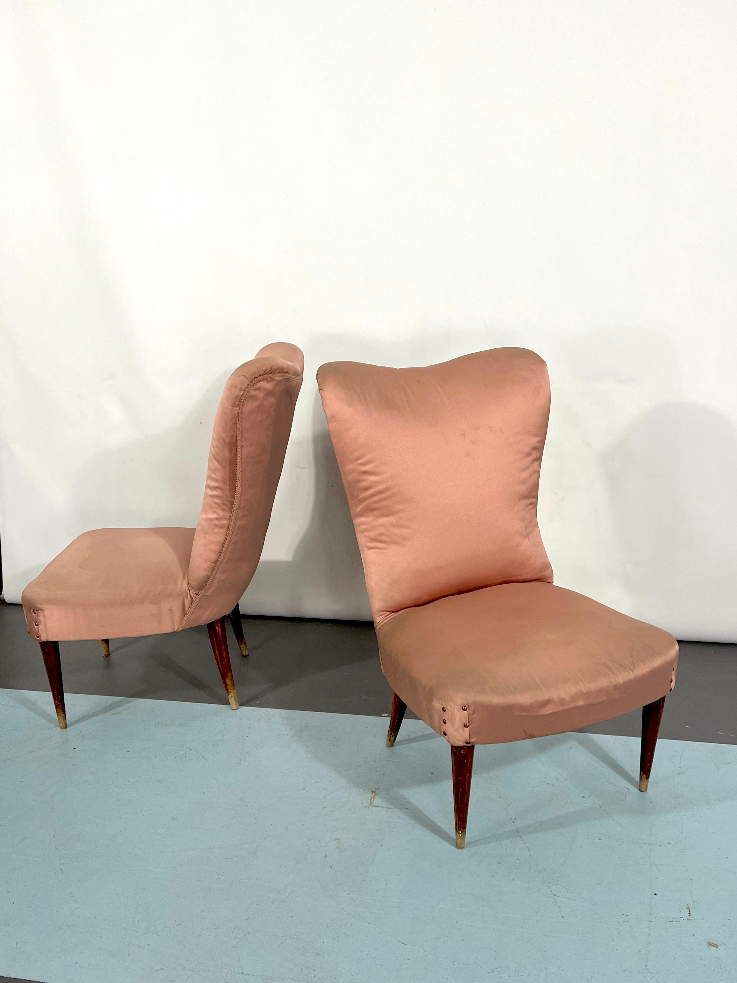 Satin Italian Vintage Pair of Club Armchairs in the Manner of Gio Ponti, 1950s For Sale