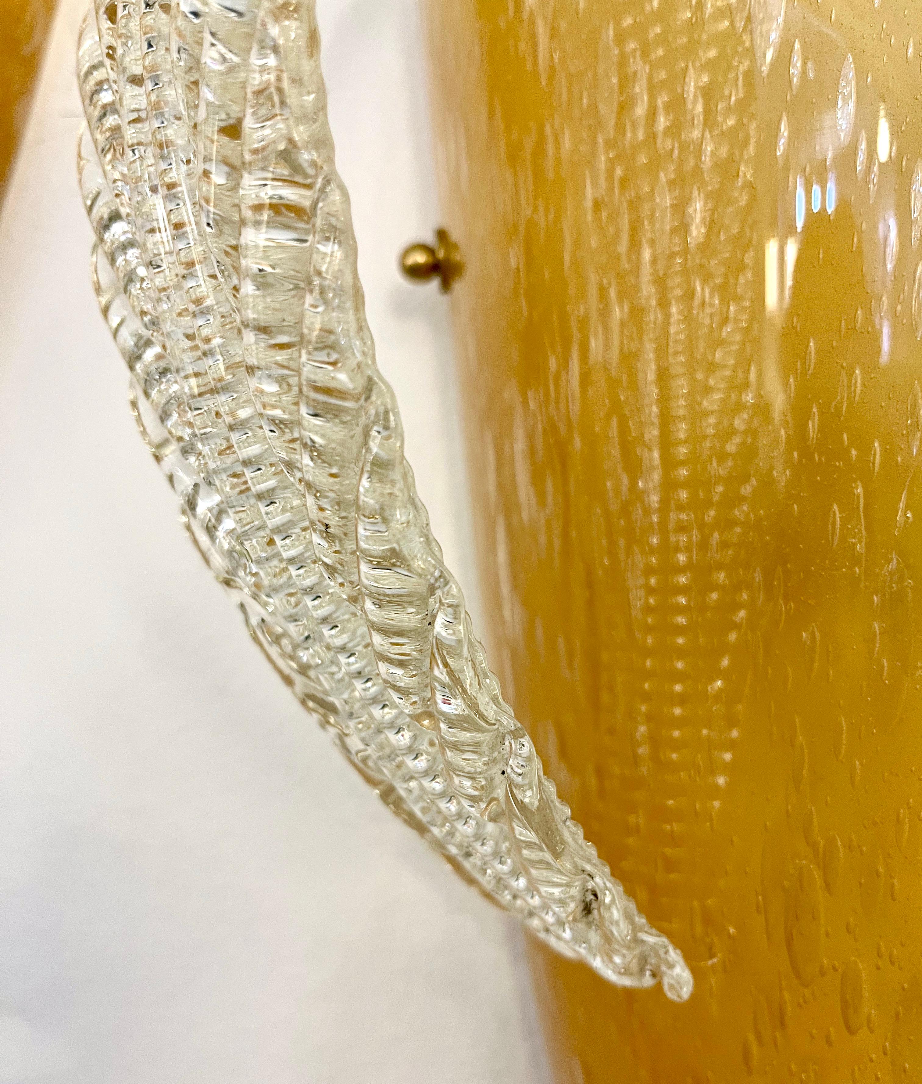Italian Vintage Pair of Sconces in Amber Gold Glass with Hanging Crystal Leaves For Sale 6