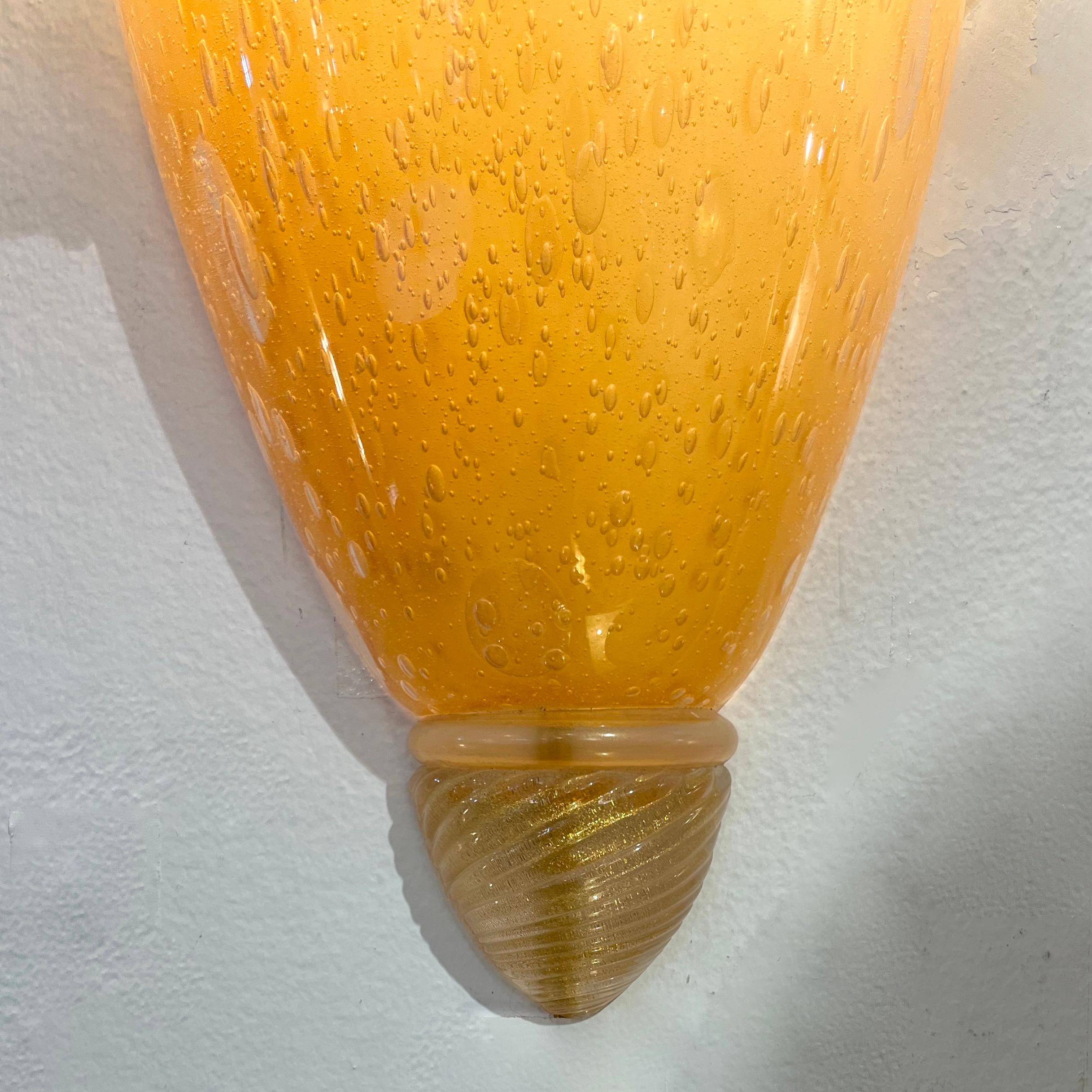 Metal Italian Vintage Pair of Sconces in Amber Gold Glass with Hanging Crystal Leaves For Sale