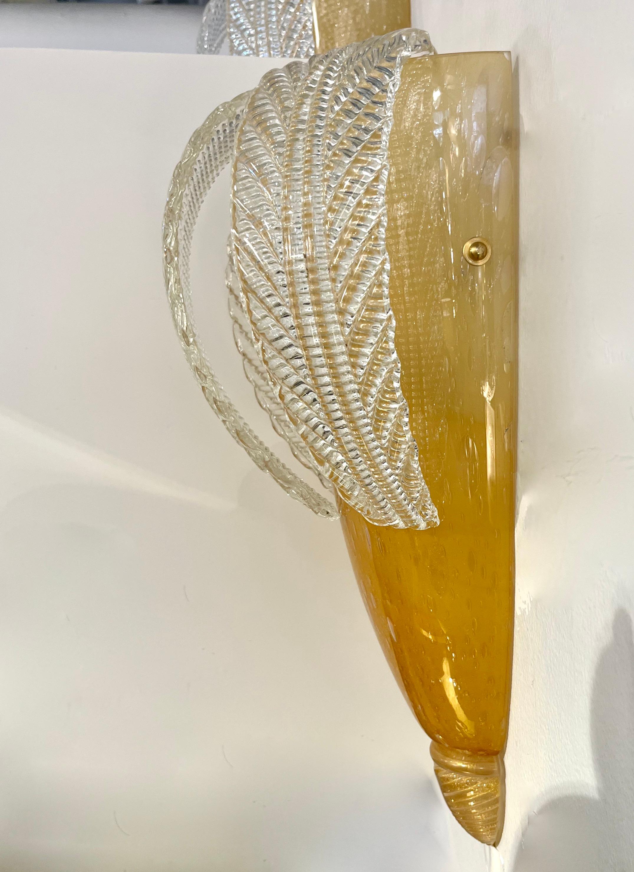 Italian Vintage Pair of Sconces in Amber Gold Glass with Hanging Crystal Leaves For Sale 2