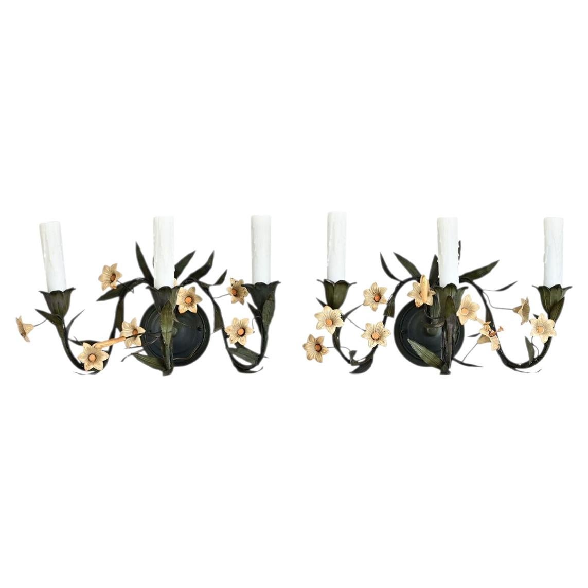 Italian Vintage Pair of Tole Floral Wall Sconces