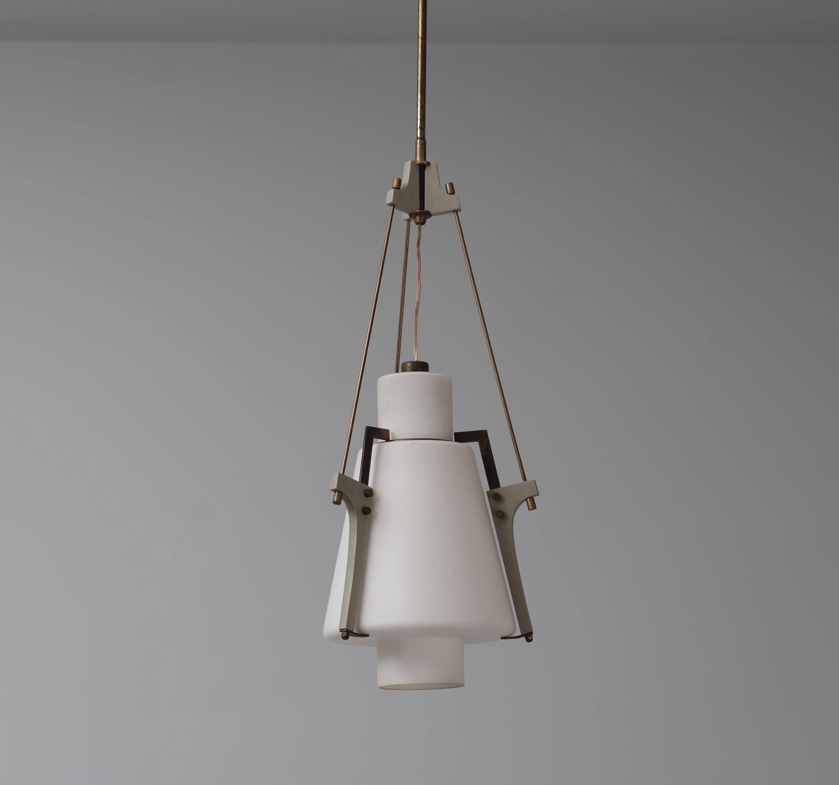 Italian Vintage Pendant Lamp, Opaline Glass and Brass, 1950s 6