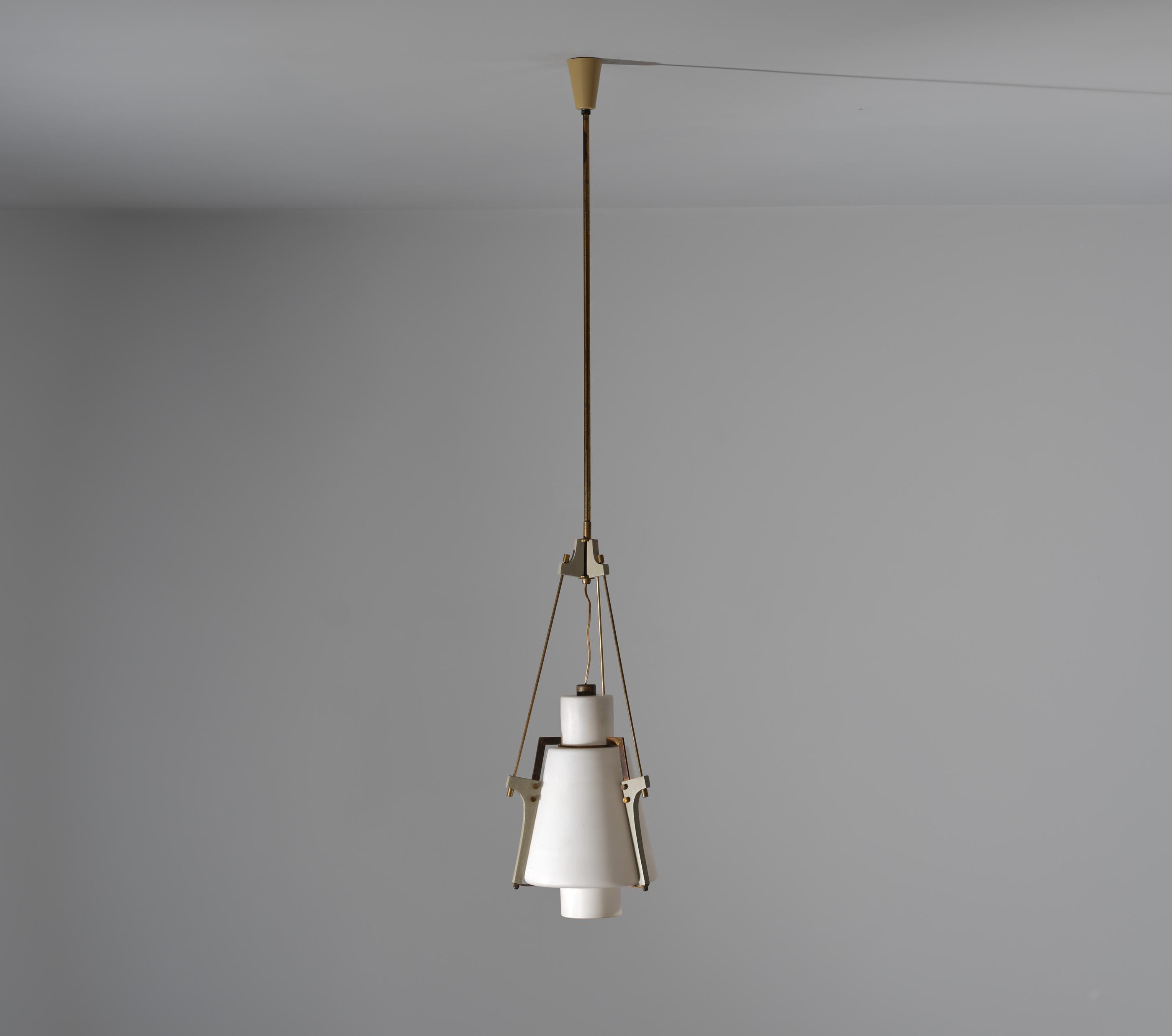 Mid-20th Century Italian Vintage Pendant Lamp, Opaline Glass and Brass, 1950s