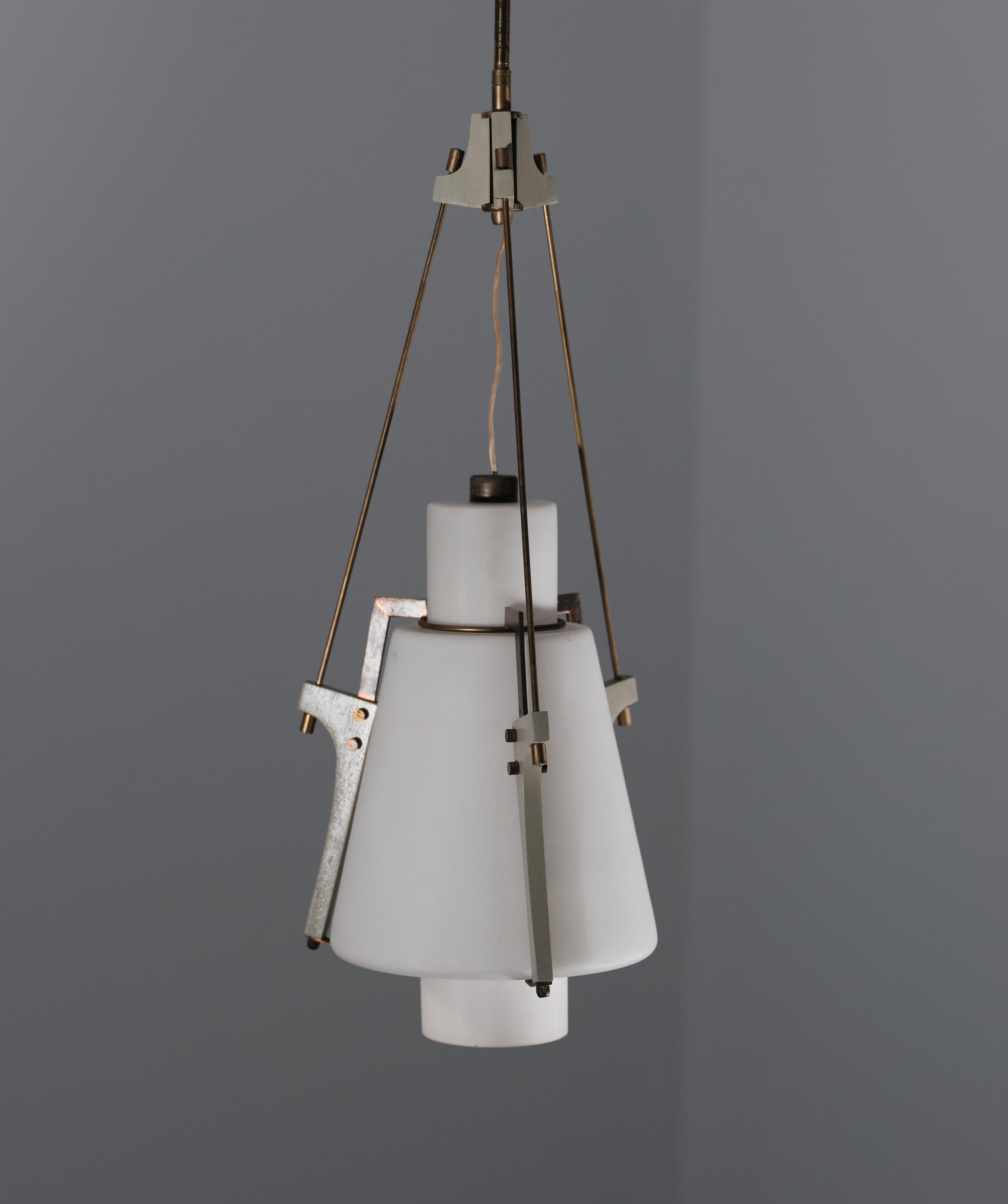 Italian Vintage Pendant Lamp, Opaline Glass and Brass, 1950s 3
