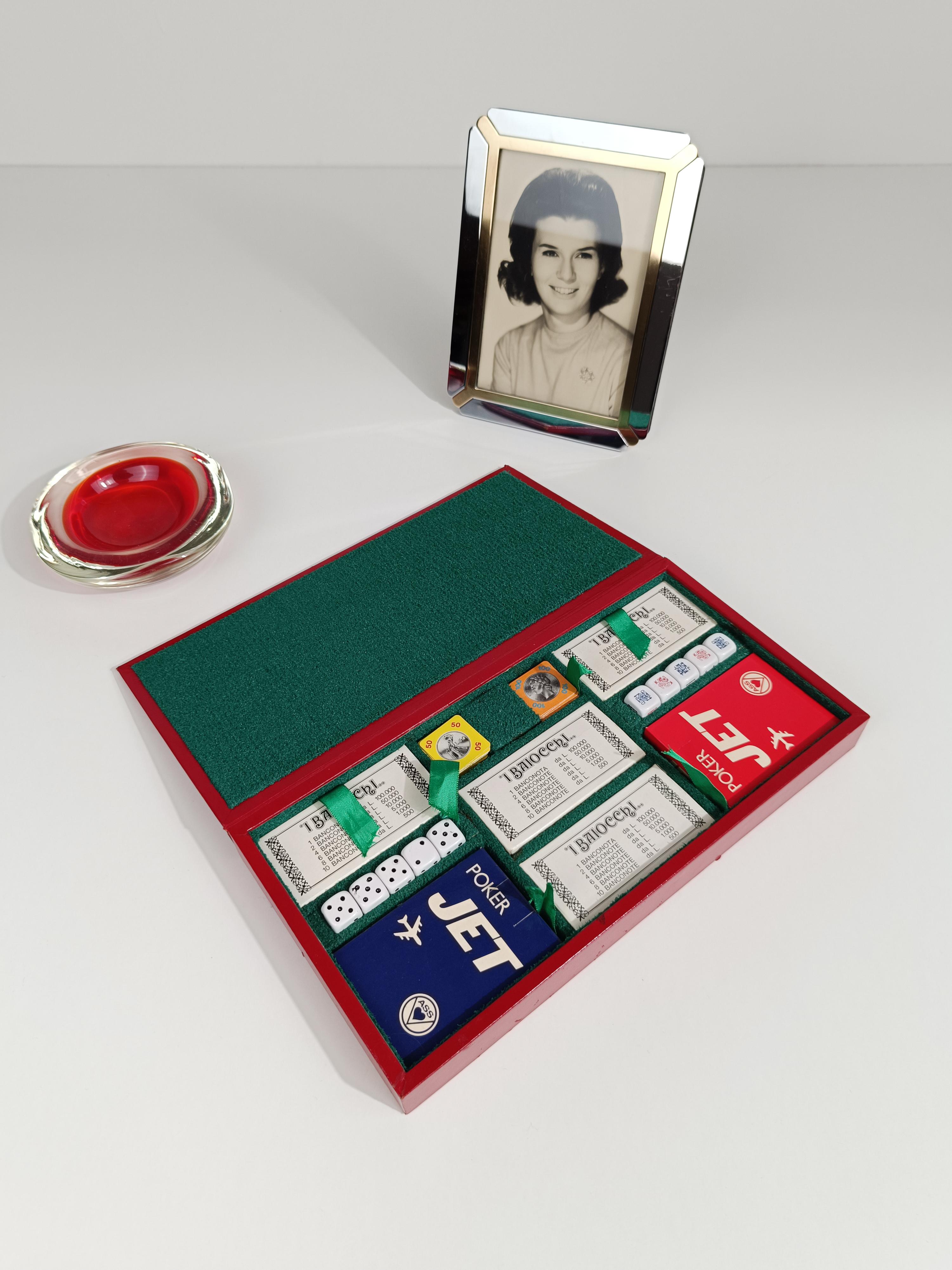 Caja de Juego Vintage Italiana con Fichas, Naipes y Dados de Póquer Años 70 Italiano