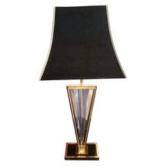 Italian Vintage Plexiglas and Brass Lamp with Satin Lampshade, 1970-1975