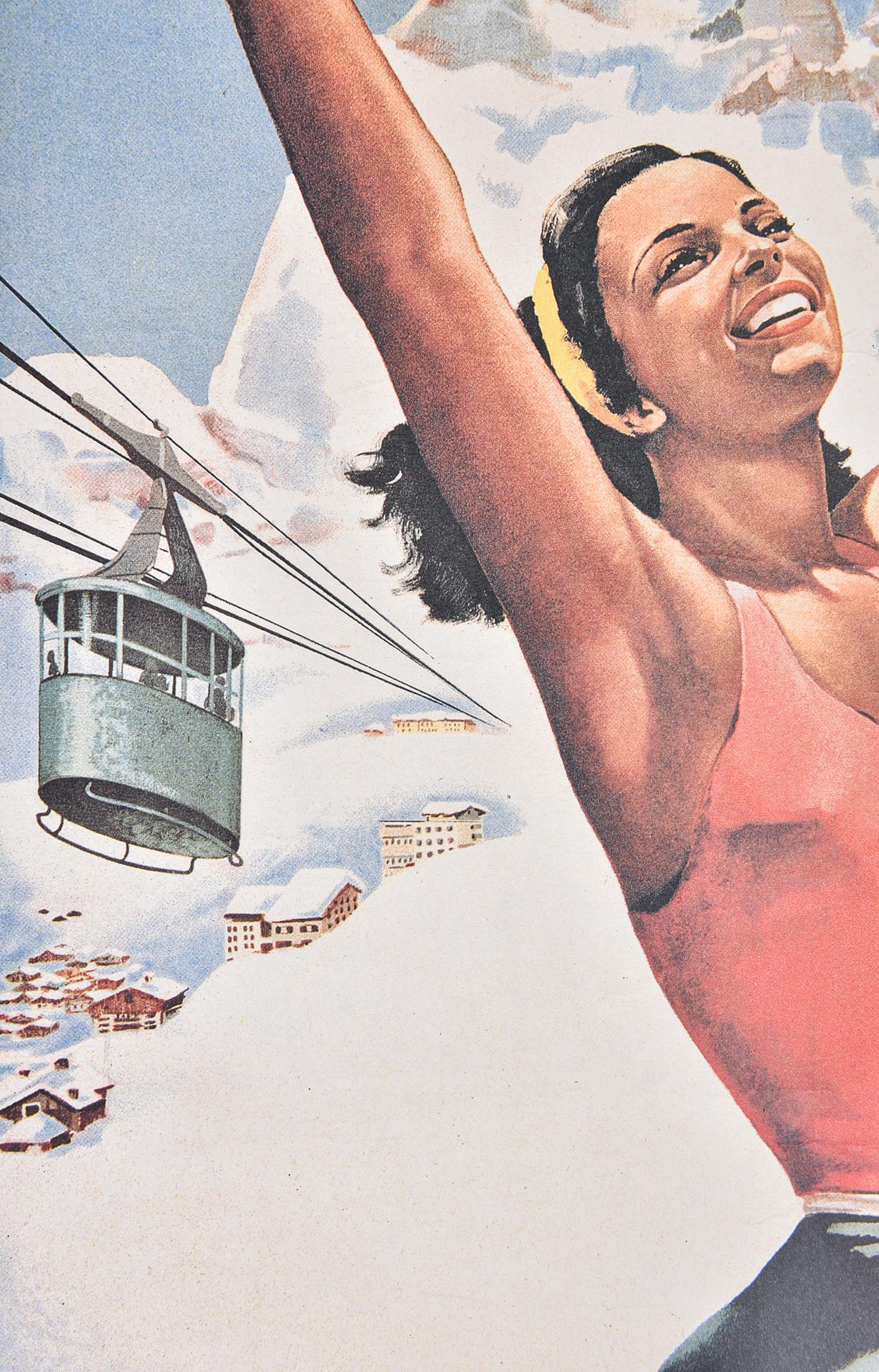 Affiche promouvant la célèbre station de ski de Cervinia, dans la vallée d'Aoste, au nord-ouest de l'Italie.  L'affiche a été créée pour faire la promotion de la région auprès des touristes européens, qui profitent du soleil sur les champs de