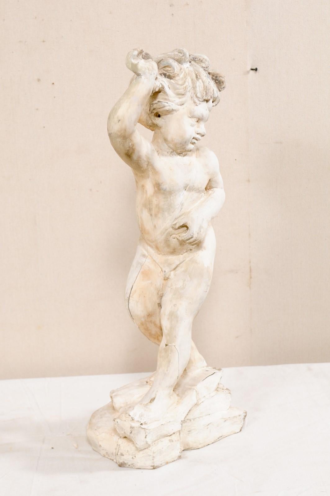 20th Century Italian Vintage Putto Statue of Hand Carved Wood, Stands For Sale