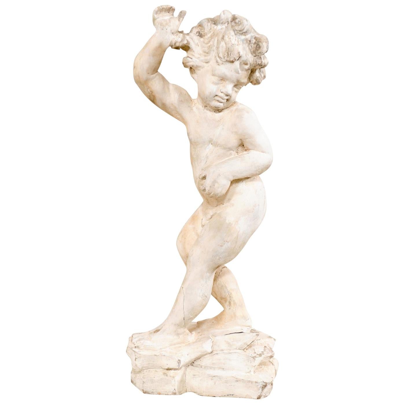 Italian Vintage Putto Statue of Hand Carved Wood, Stands For Sale