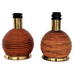 Italian Vintage Rattan Bamboo Table Lamp with Metal Base, 1970s, Set of 2