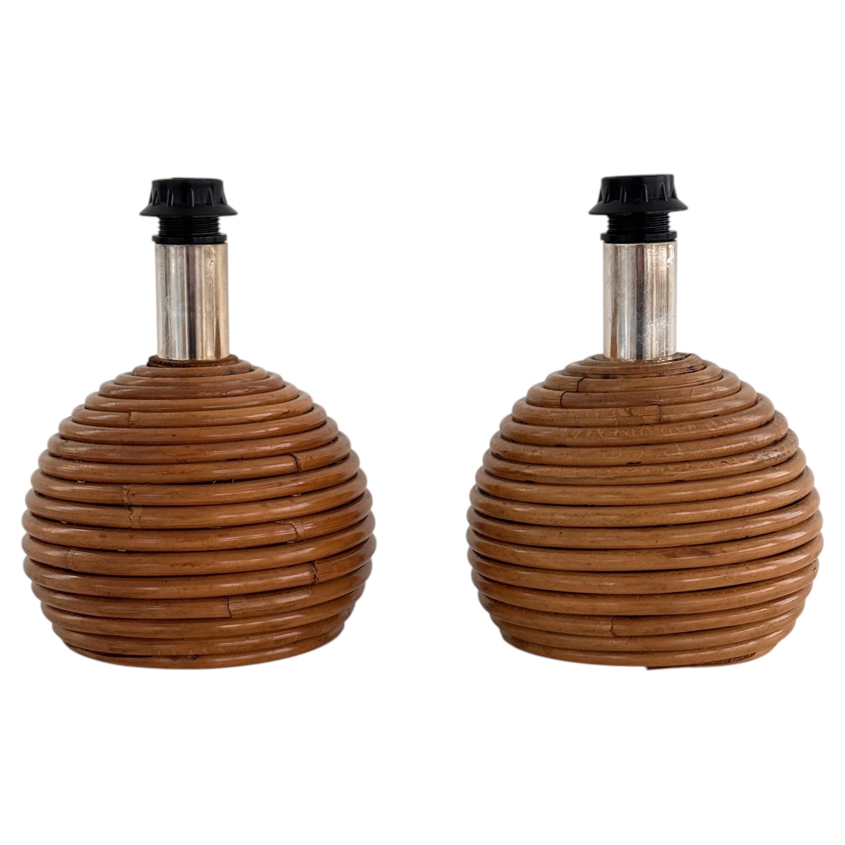 Set of 2 Vintage Italian Rattan Bamboo Table Lamps, 1970s