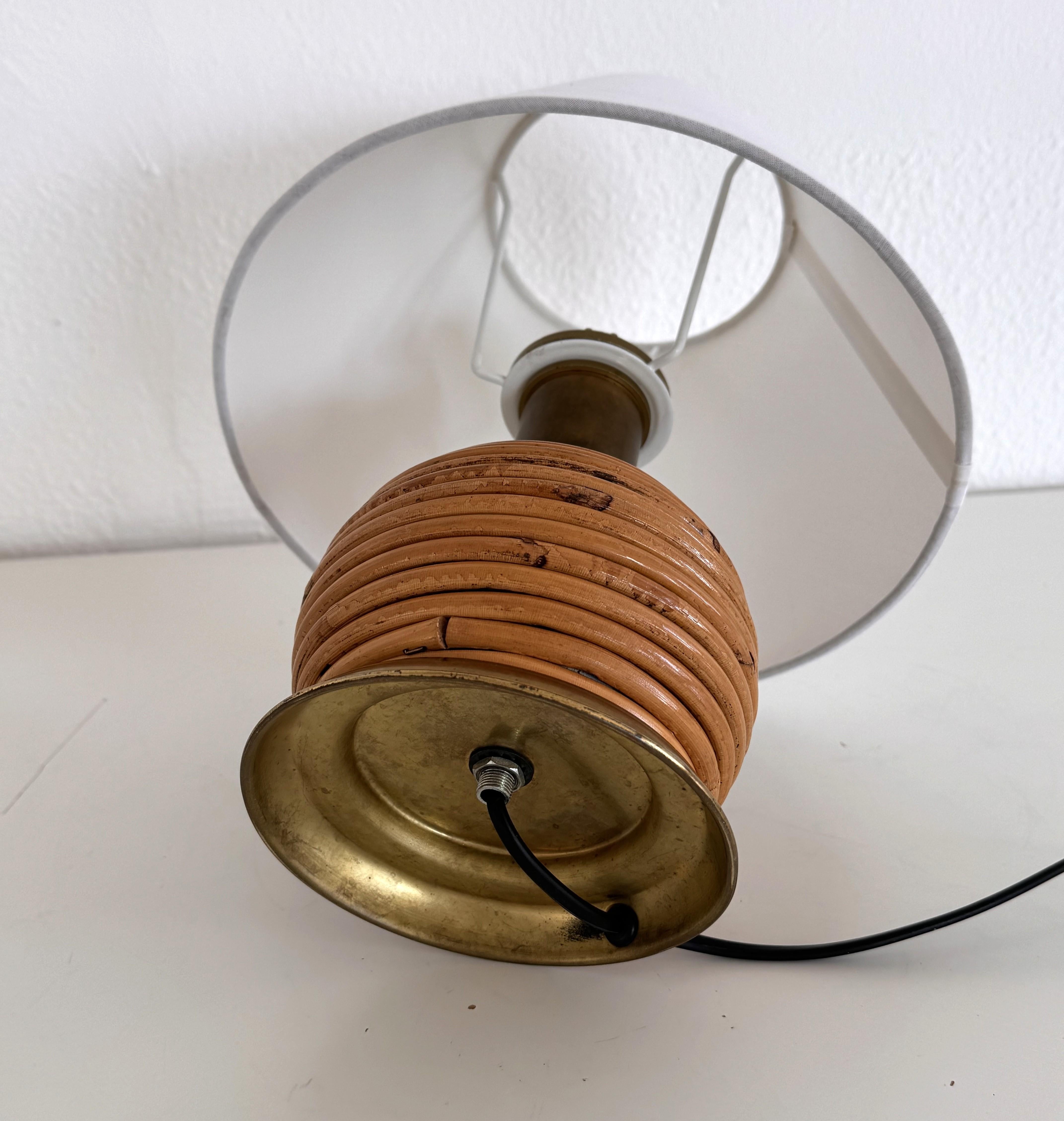 Metal Italian Vintage Rattan Boho Table Lamp with Brass Details, 1970s For Sale