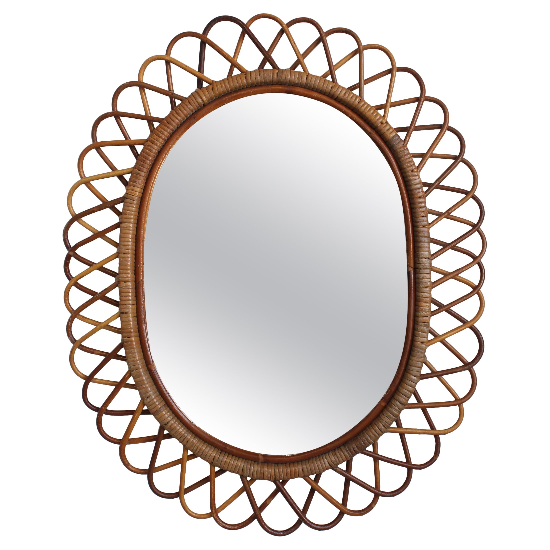 Italienischer Vintage Rattan Wandspiegel (ca. 1960er Jahre)