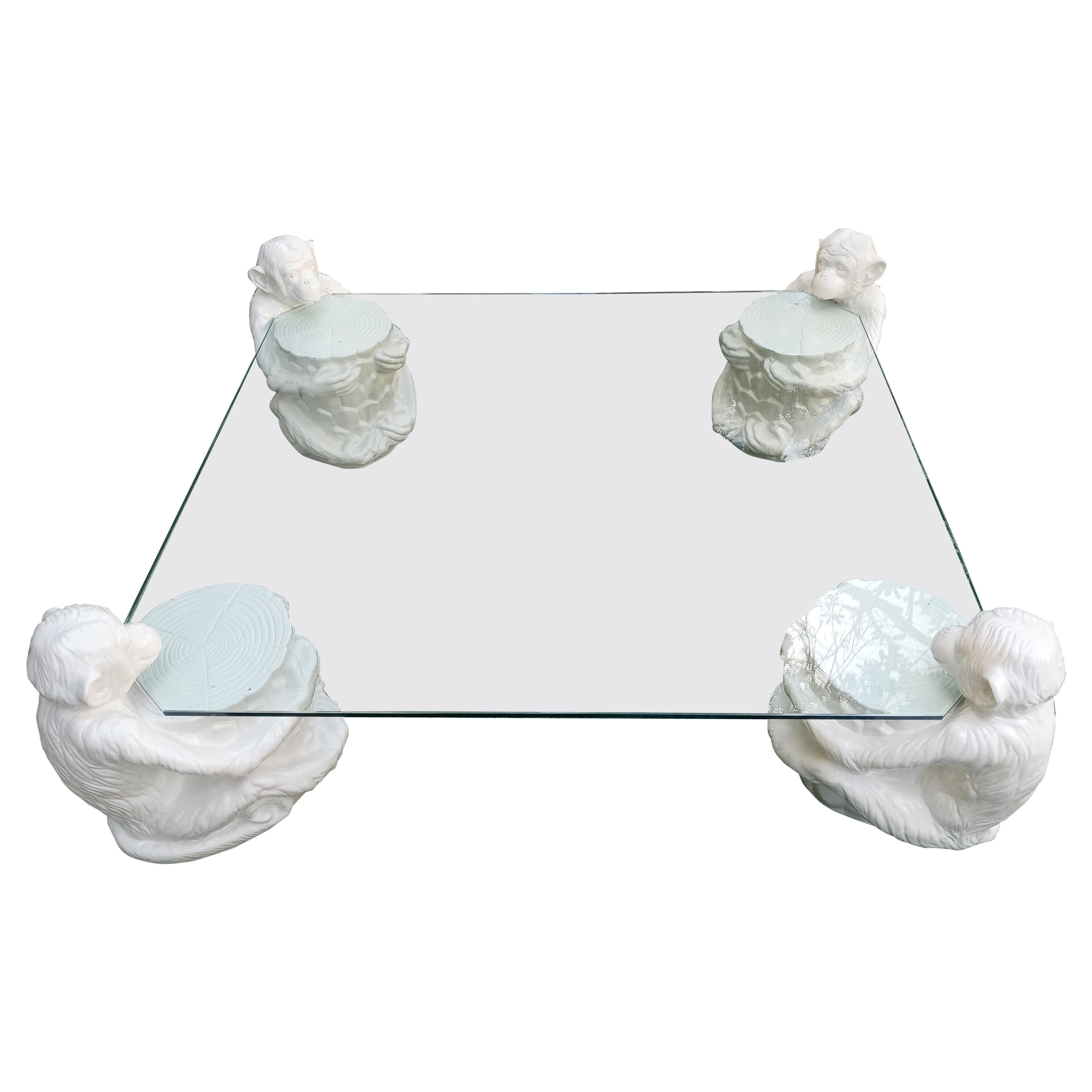 Italian Vintage Regency 4 White Lacquered Monkey Glass Top Coffee Tablelog