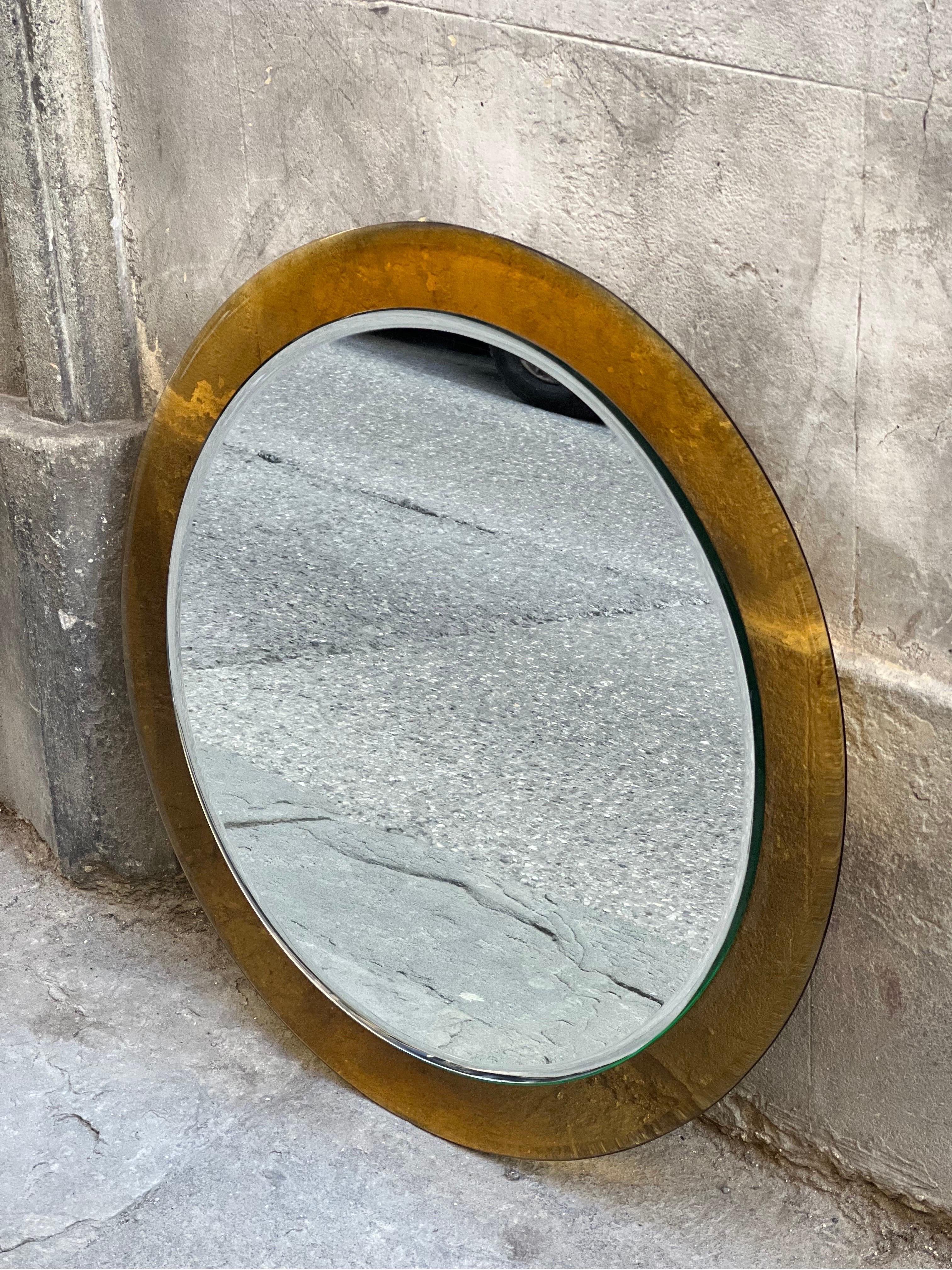 Mid-Century Modern Italian Vintage Round Mirror with Amber Murano Glass Frame by Sena Cristal 1970s