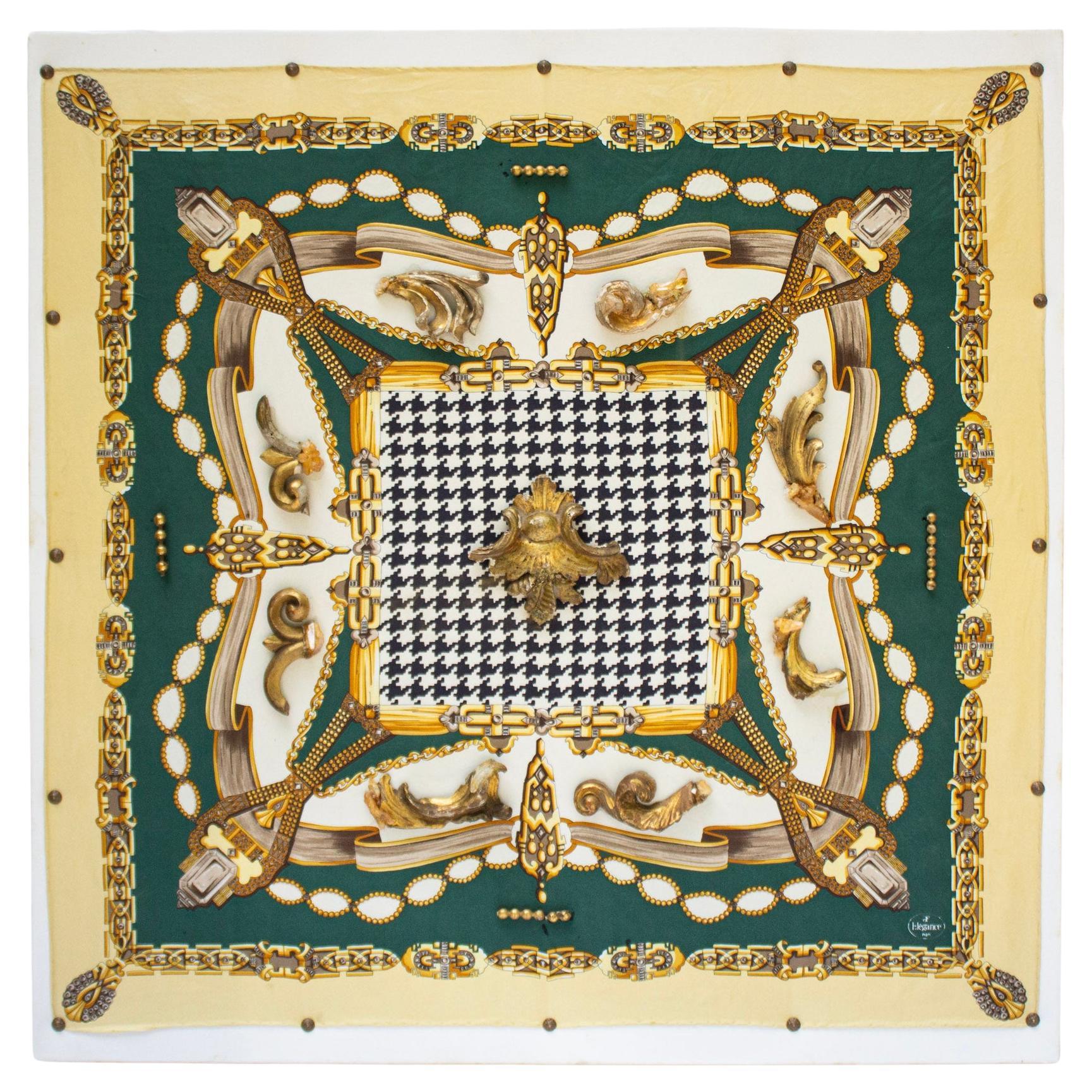 Italienischer Vintage-Schal mit Fragmenten aus dem 18. Jahrhundert und Aurora-Quarz auf Leinwand