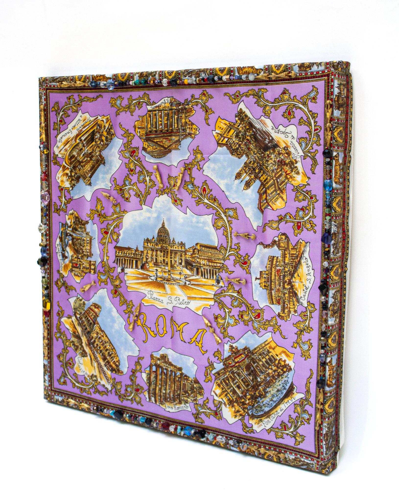 Italienischer Vintage-Schal mit Fragmenten aus dem 18. Jahrhundert und Glasperlen auf Segeltuch (Leinwand) im Angebot