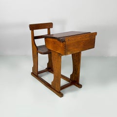 Bureau d'écolier italien vintage en bois et encrier en céramique, années 1930