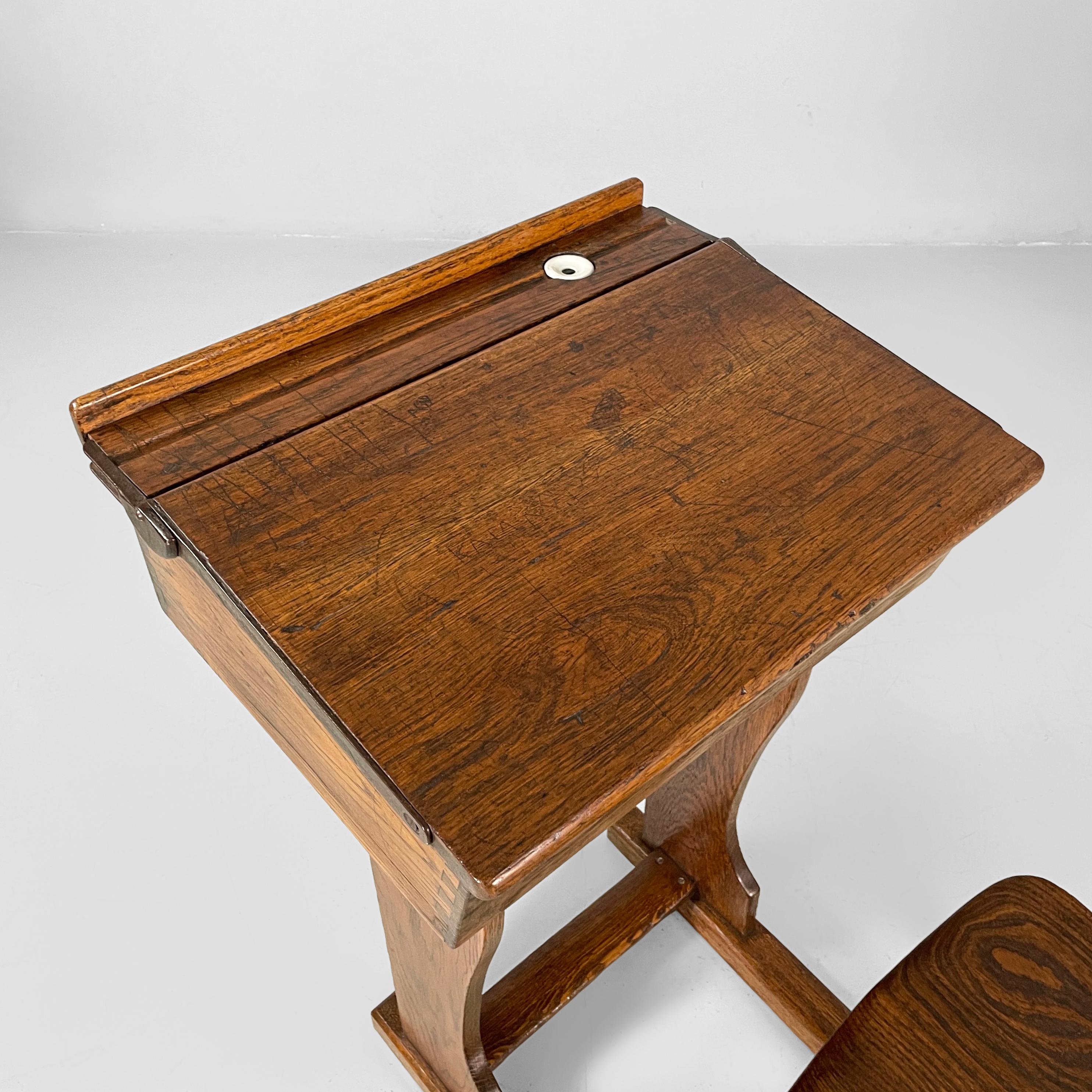 Italian vintage school desk in wood and ceramic inkwell, 1930s For