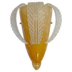 Italian Vintage Sconce in Amber Gold Glass with Hanging Crystal Leaves