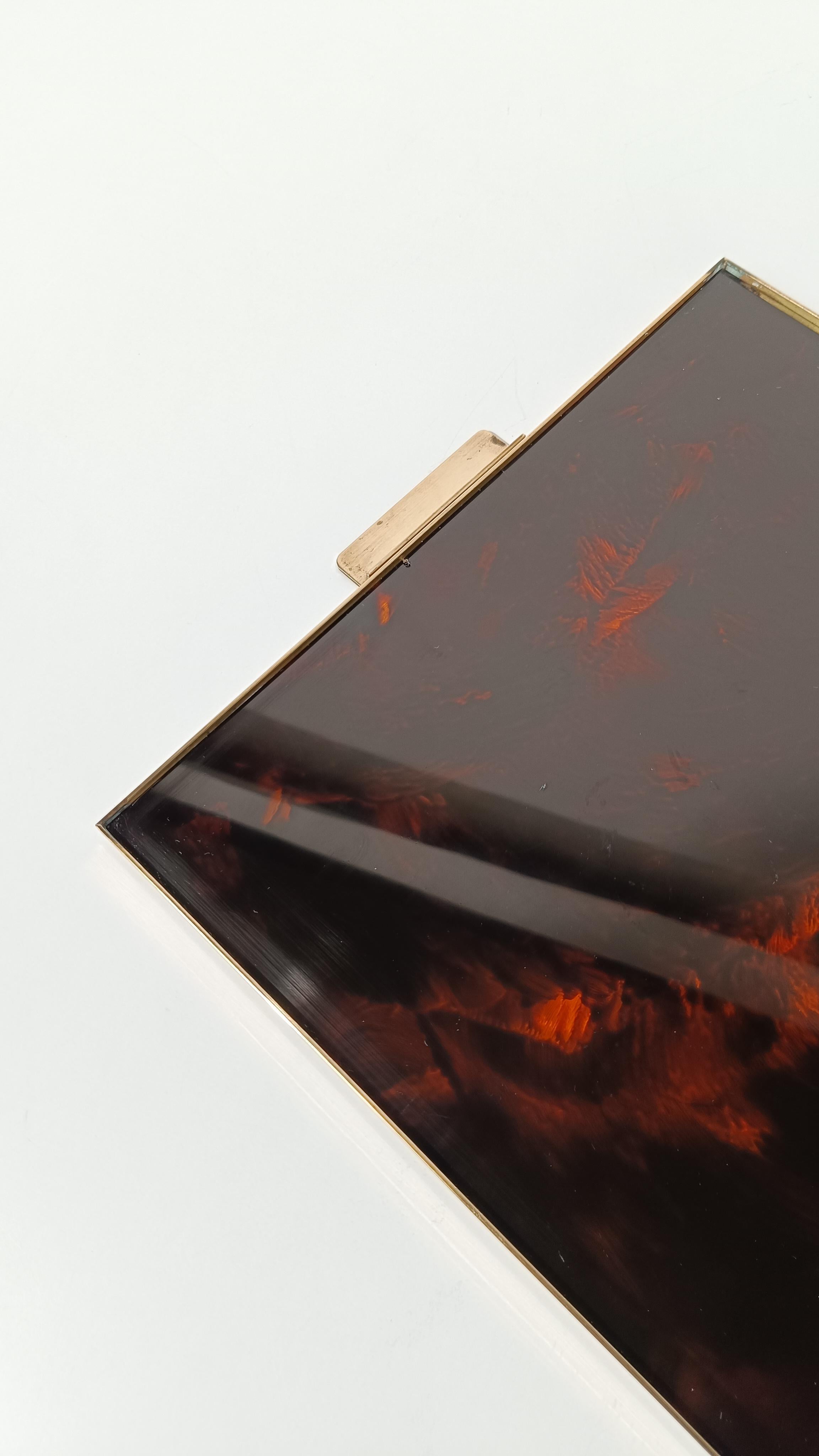 Italian Vintage Serving Square Tray in Faux Tortoiseshell Lucite & Brass, 70s For Sale 9