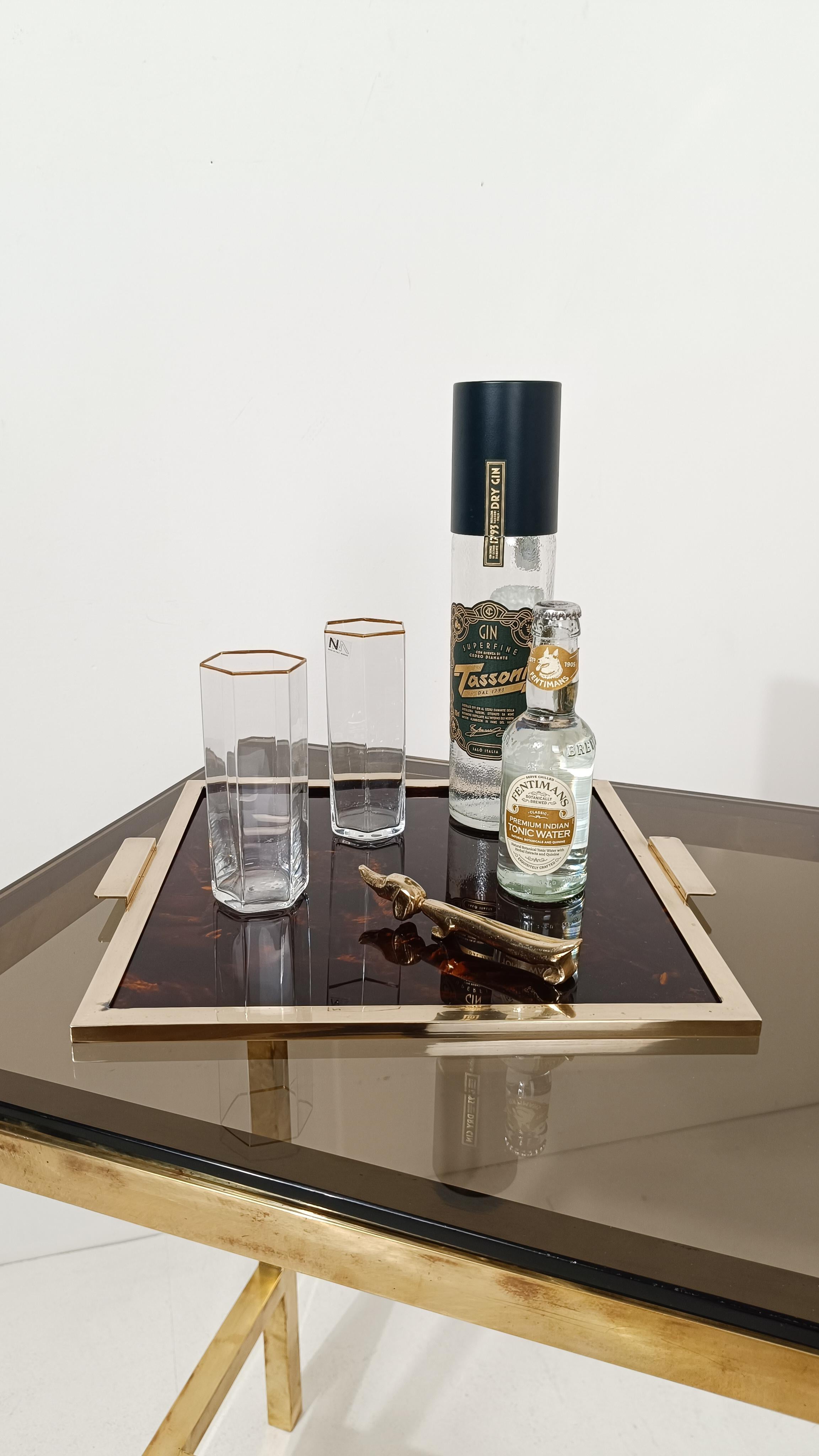 Italian Vintage Serving Square Tray in Faux Tortoiseshell Lucite & Brass, 70s For Sale 11