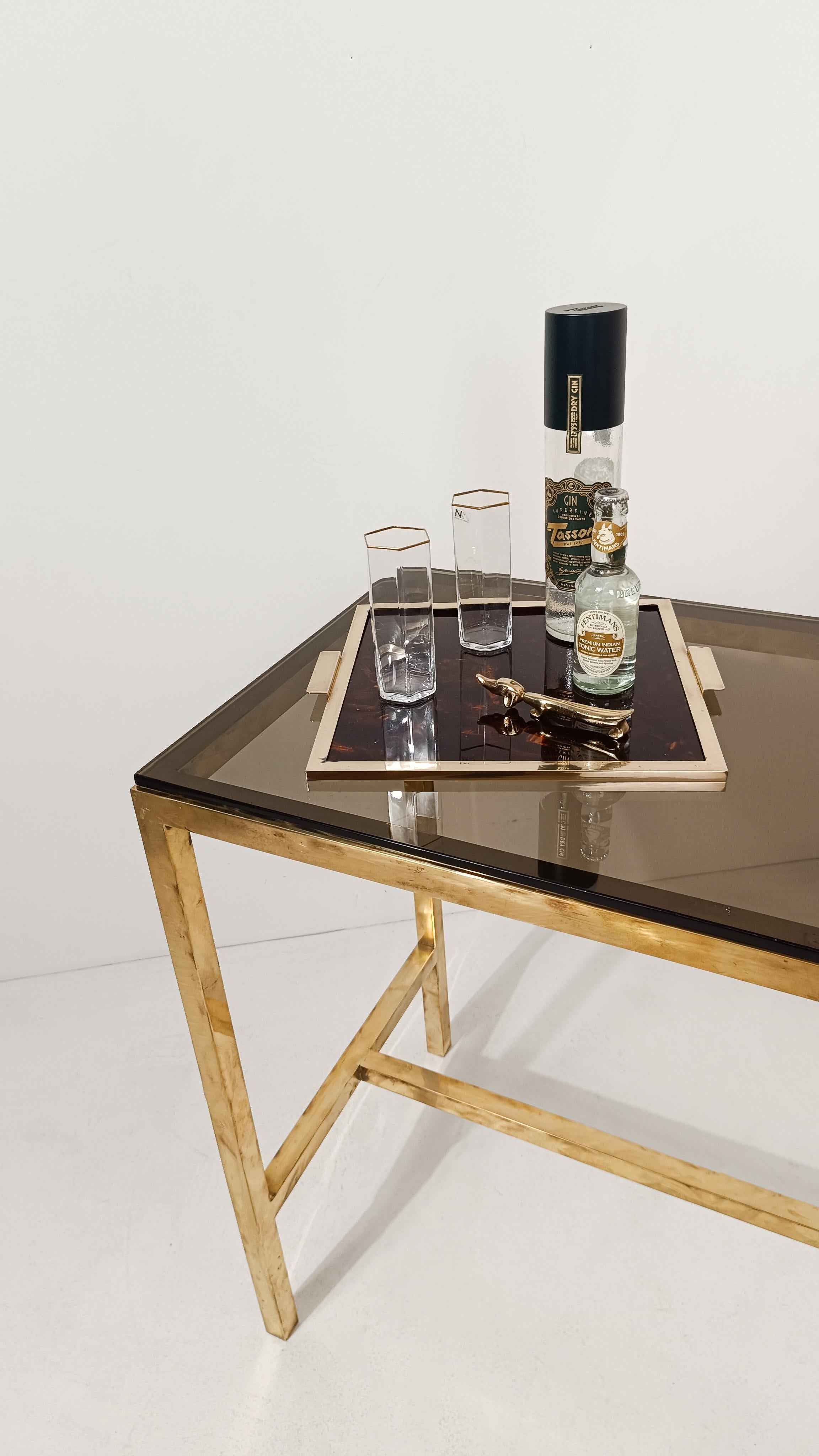 Italian Vintage Serving Square Tray in Faux Tortoiseshell Lucite & Brass, 70s For Sale 12