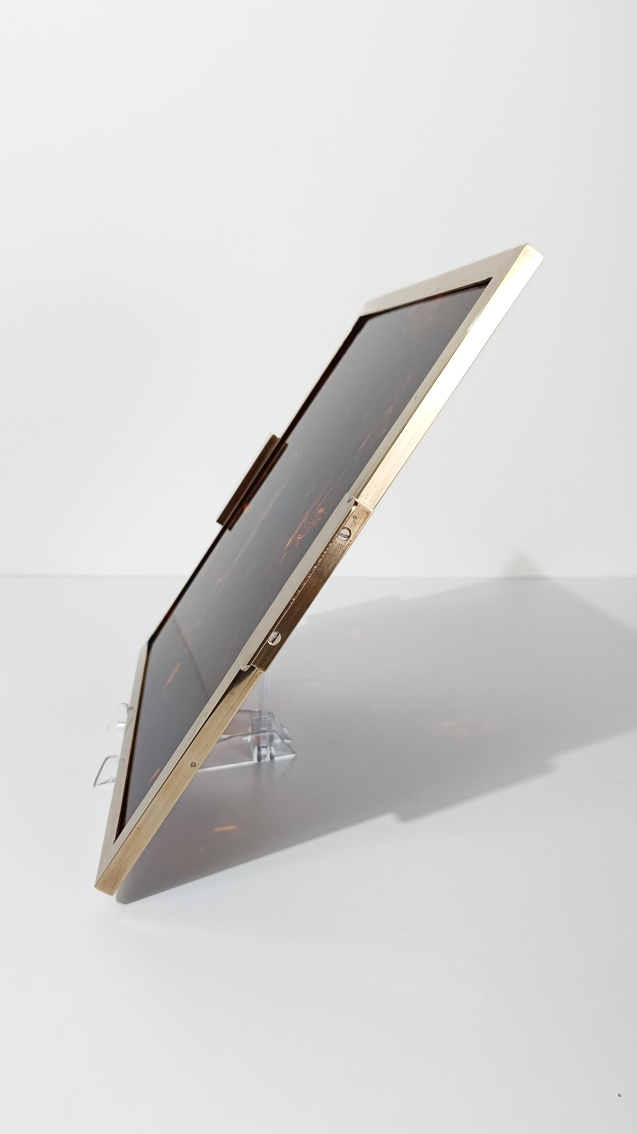 Italian Vintage Serving Square Tray in Faux Tortoiseshell Lucite & Brass, 70s For Sale 2