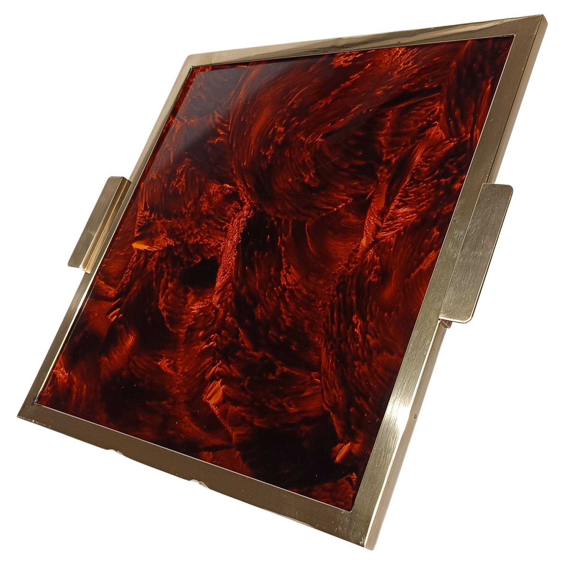 Italian Vintage Serving Square Tray in Faux Tortoiseshell Lucite & Brass, 70s