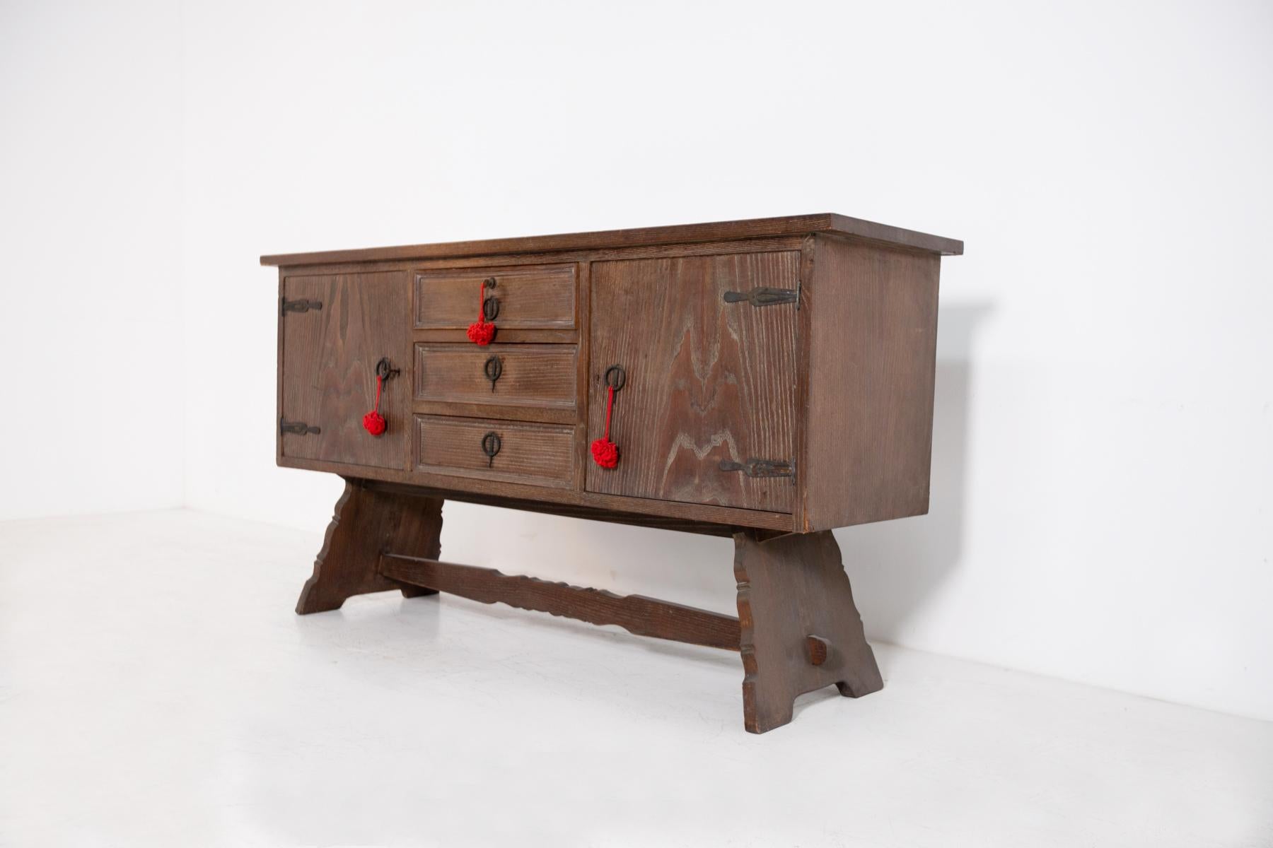 Mid-Century Modern Italian Vintage Sideboard in Solid Wood and Iron