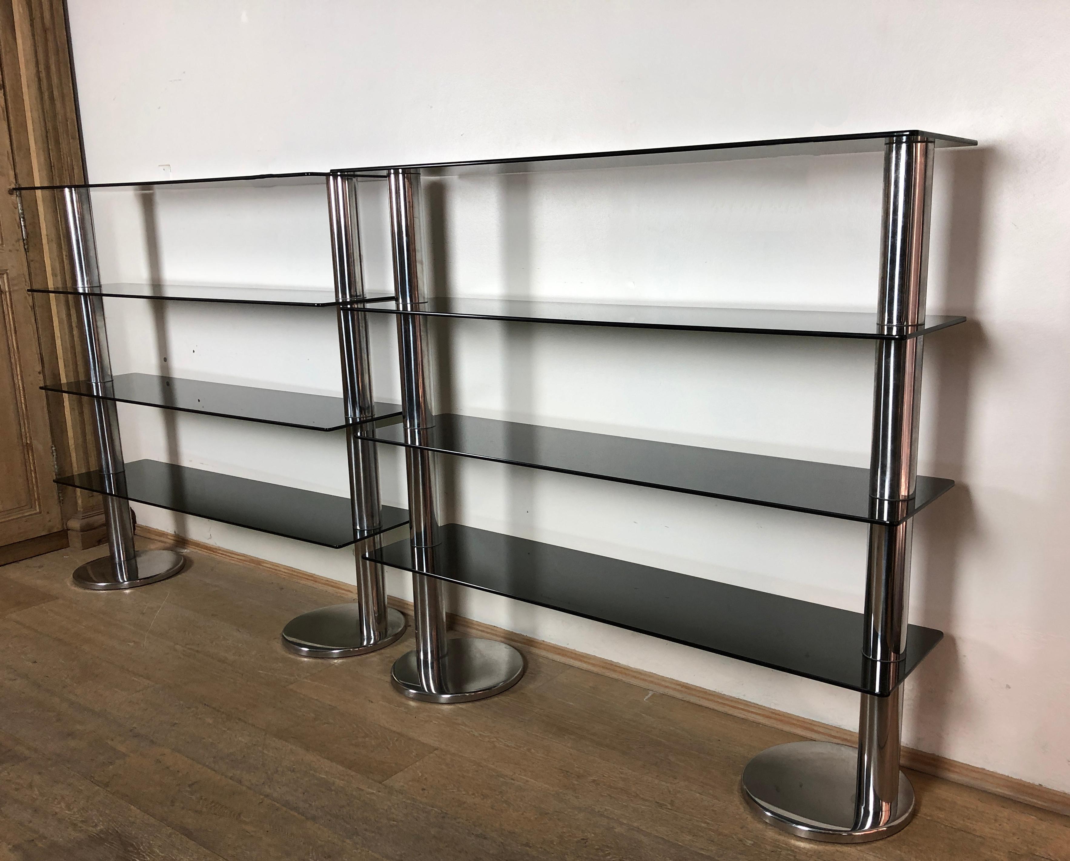 Italian Vintage Smoked Glass and Steel Pair of Bookcases Étagère, 1970s 1