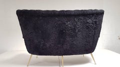 Italian Vintage Sofa, circa 1900, Black Lambskin Upholstery, Brass Legs