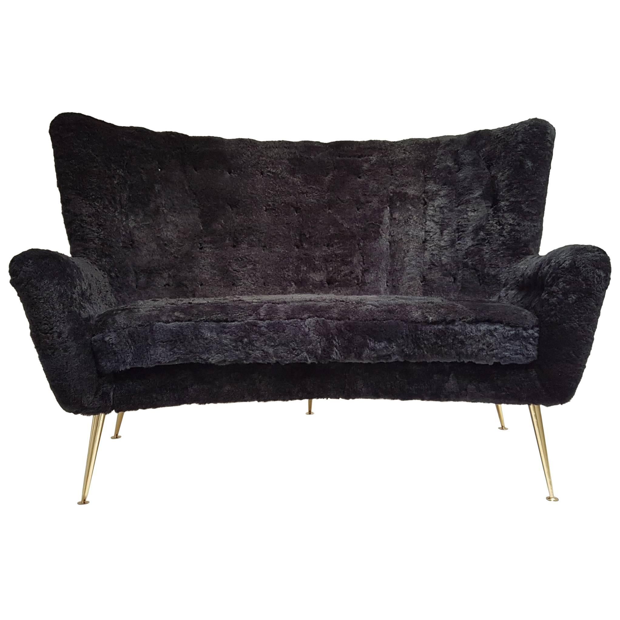 Italian Vintage Sofa, circa 1900, Black Lambskin Upholstery, Brass Legs For Sale