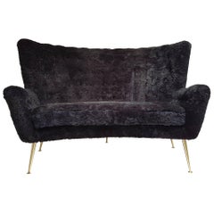 Italian Vintage Sofa, circa 1900, Black Lambskin Upholstery, Brass Legs