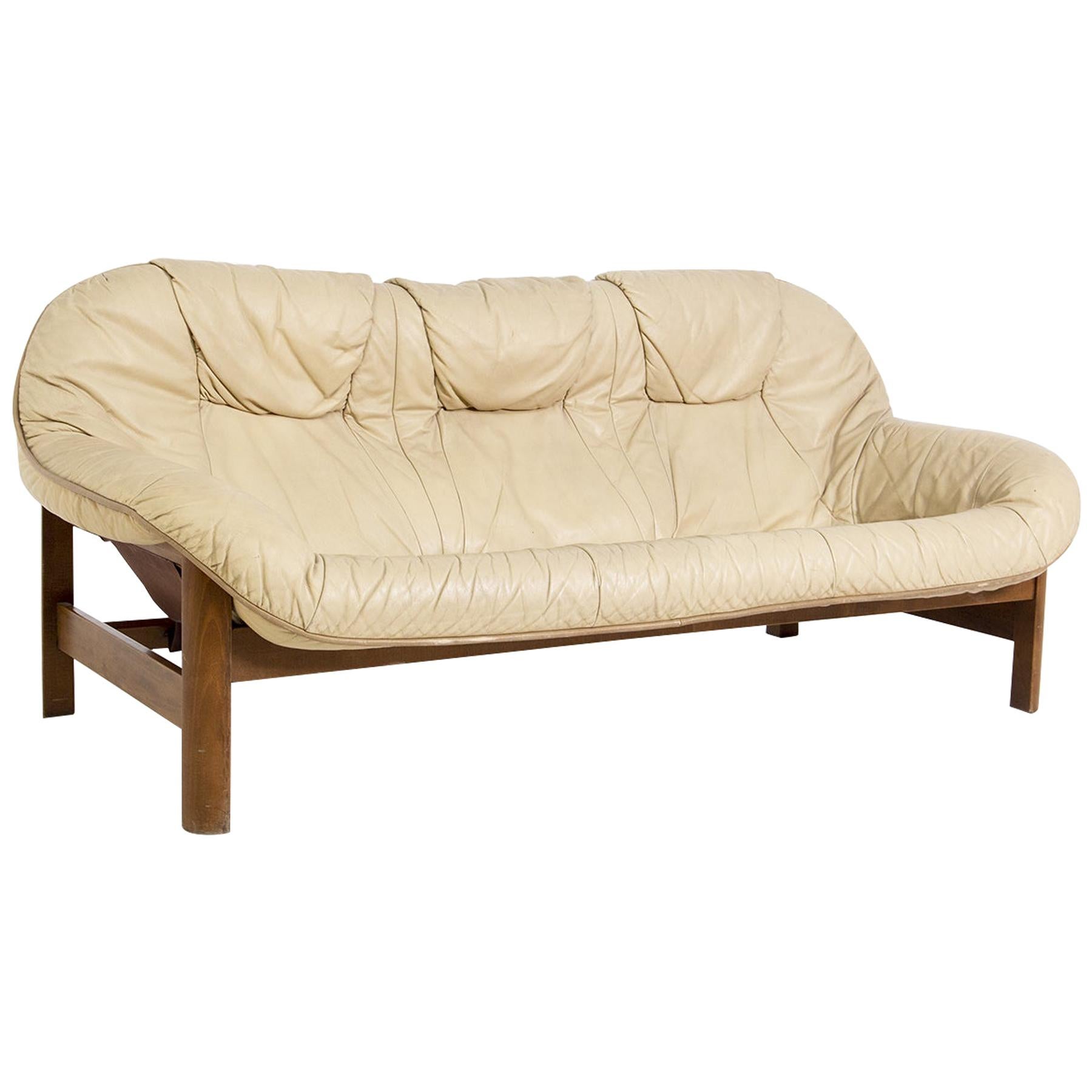 Italian Vintage Sofa in Leather Beige and Wood Two-Seat