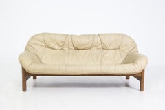 Italian Vintage Sofa in Leather Beige and Wood Two-Seat