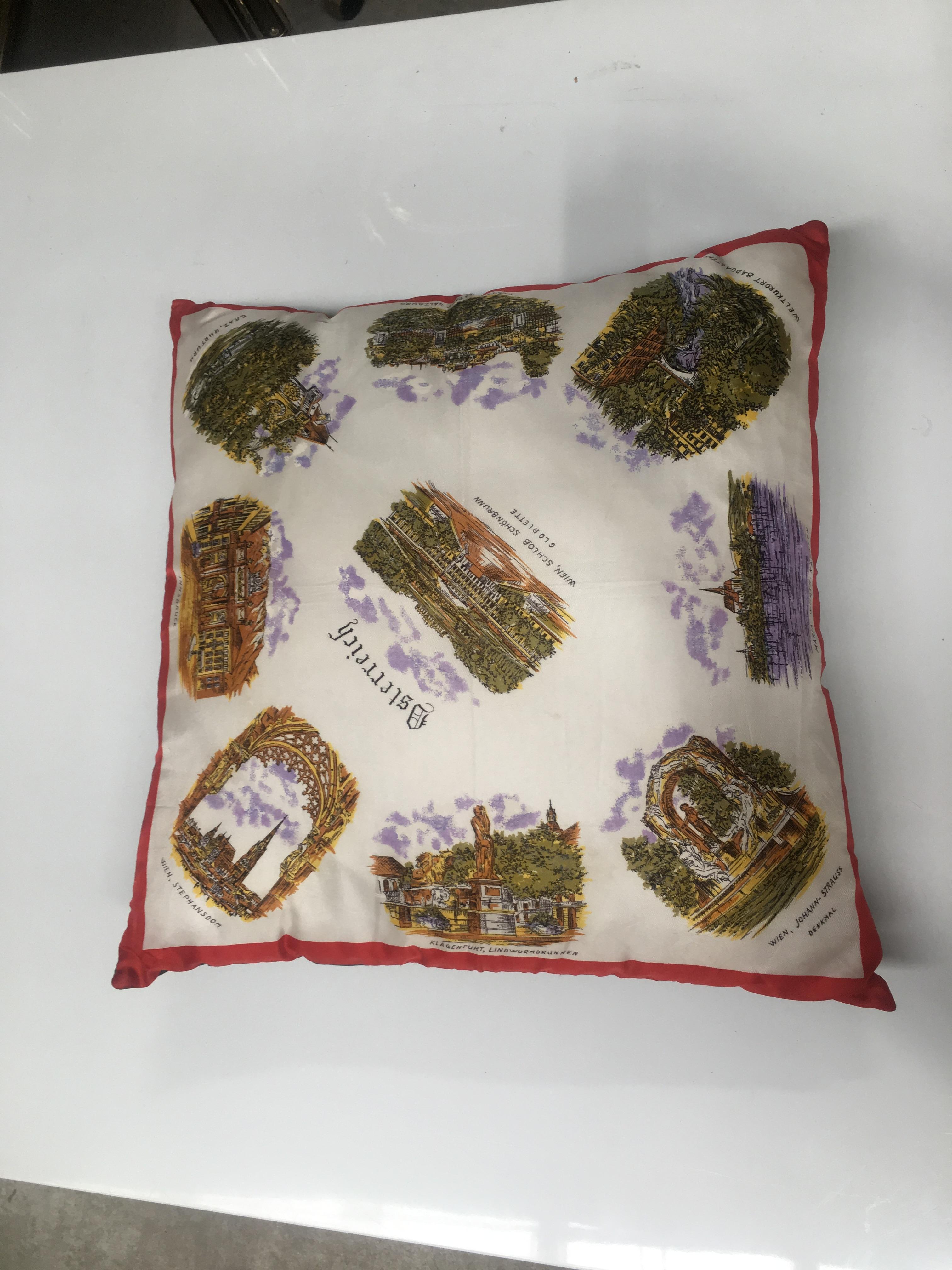 Mid-Century Modern Italian Vintage Souvenir Silk Scarf Throw Pillow, 1970s
