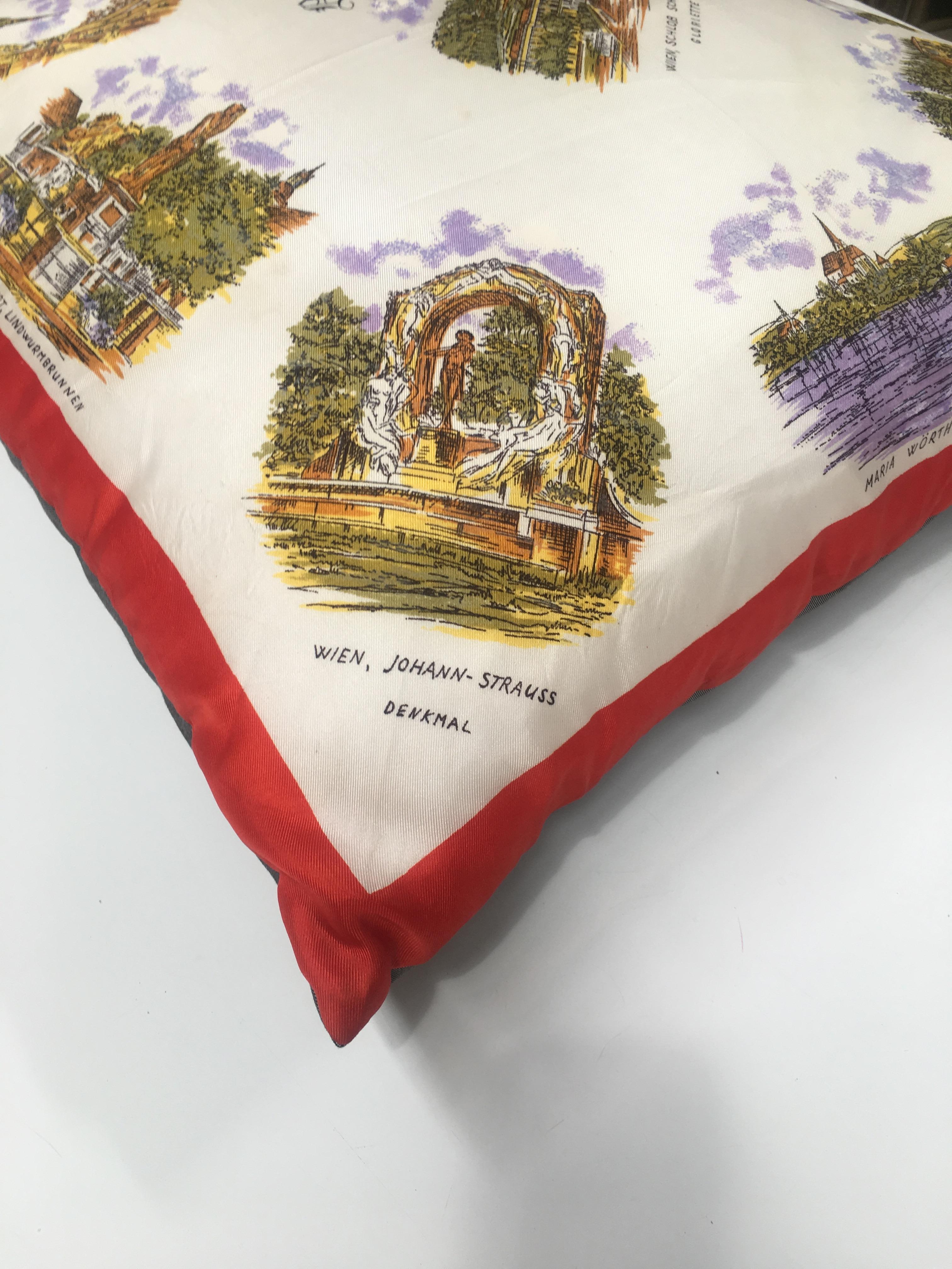 Italian Vintage Souvenir Silk Scarf Throw Pillow, 1970s In Excellent Condition In Prato, IT
