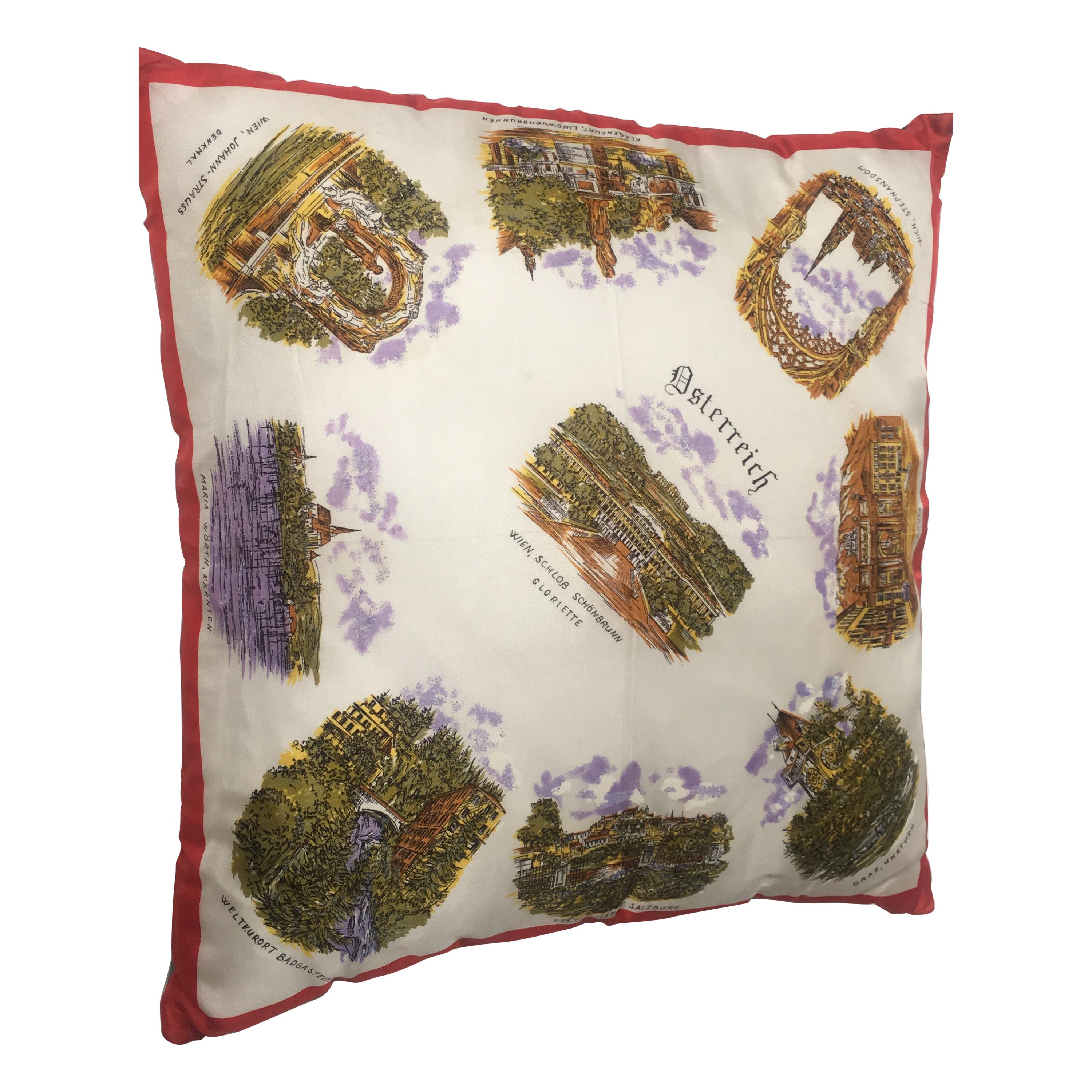 Italian Vintage Souvenir Silk Scarf Throw Pillow, 1970s
