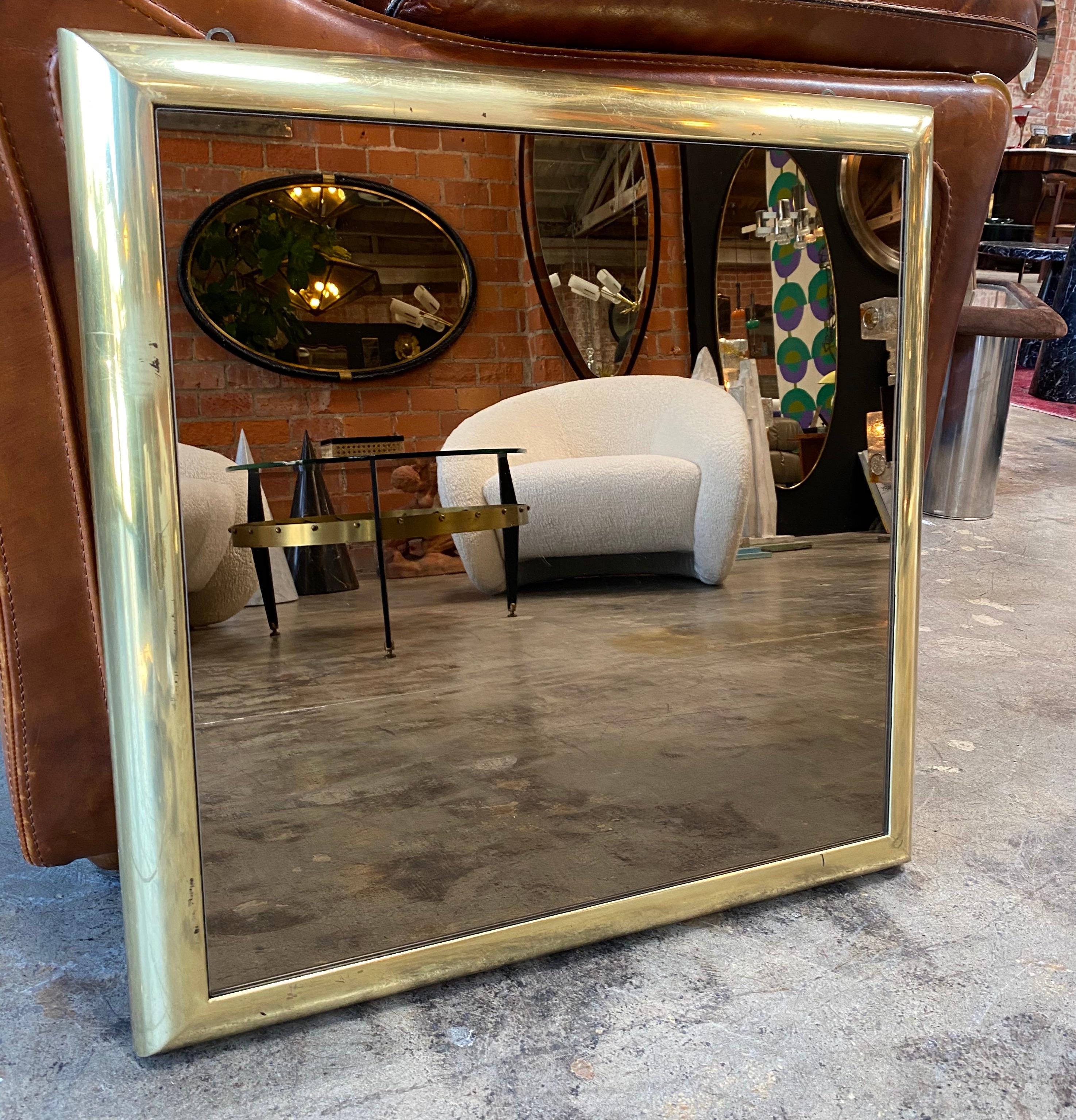 Italian vintage square wall mirror in brass, 1960s.