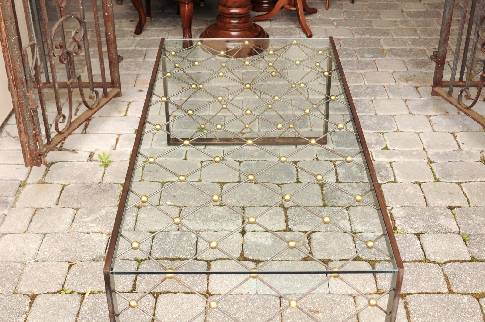 French Steel and Brass Cocktail Table with Glass Top and Diamond Motifs 3