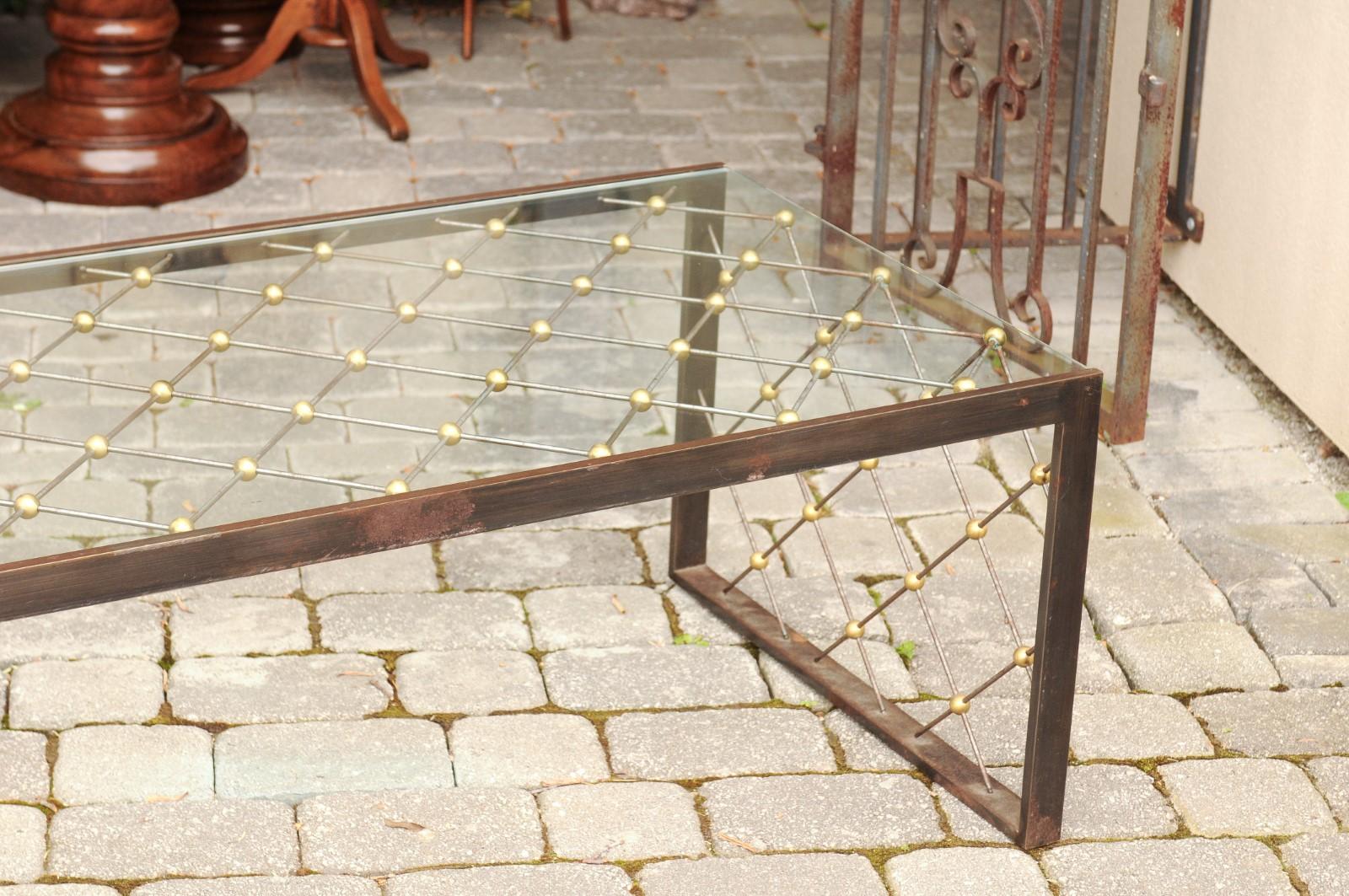 Mid-Century Modern French Steel and Brass Cocktail Table with Glass Top and Diamond Motifs