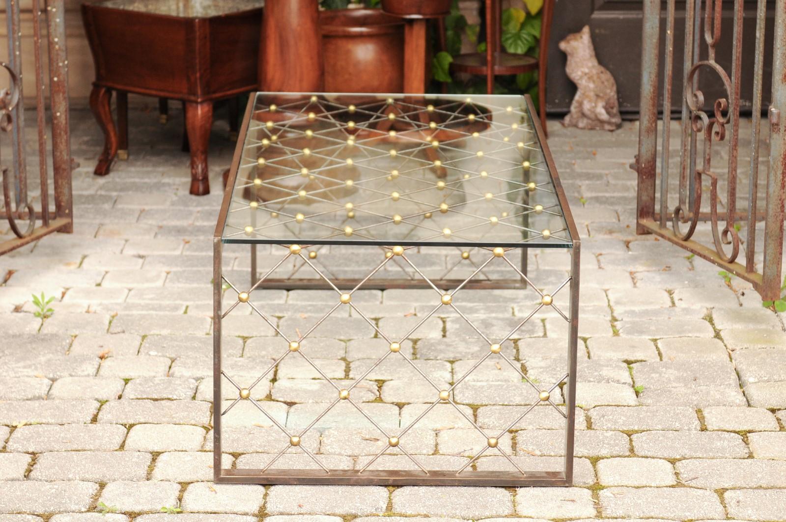 French Steel and Brass Cocktail Table with Glass Top and Diamond Motifs In Good Condition In Atlanta, GA