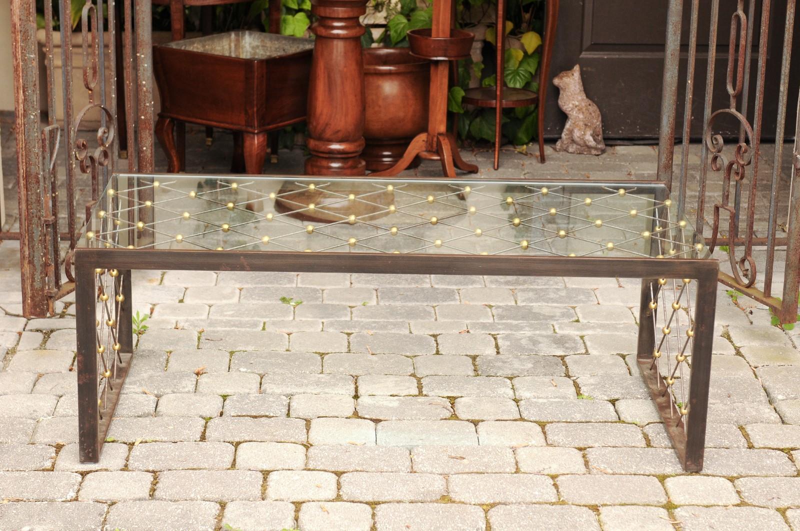 20th Century French Steel and Brass Cocktail Table with Glass Top and Diamond Motifs