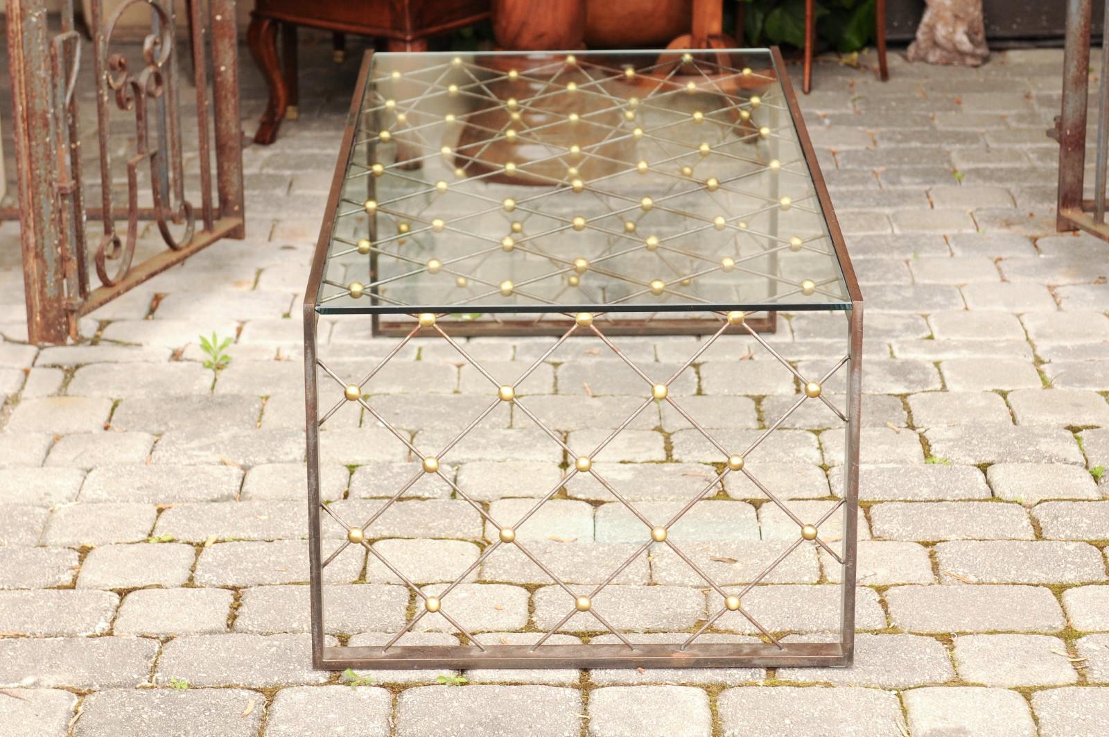 French Steel and Brass Cocktail Table with Glass Top and Diamond Motifs 1