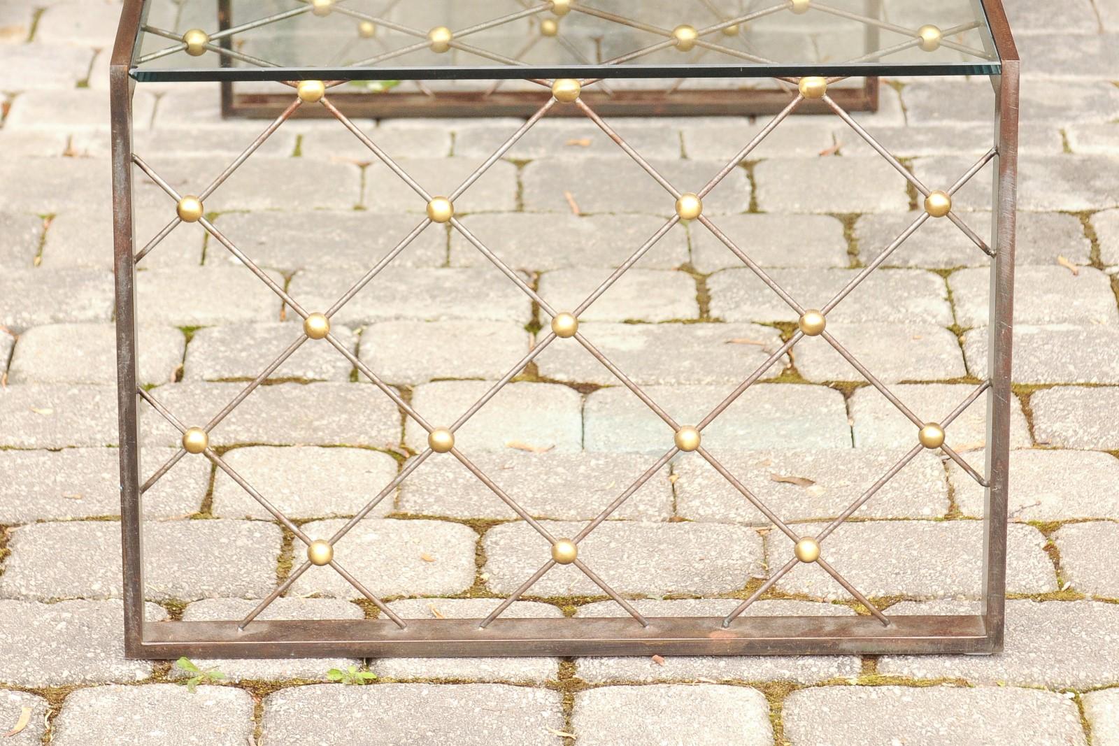 French Steel and Brass Cocktail Table with Glass Top and Diamond Motifs 2