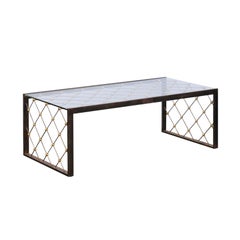 French Steel and Brass Cocktail Table with Glass Top and Diamond Motifs