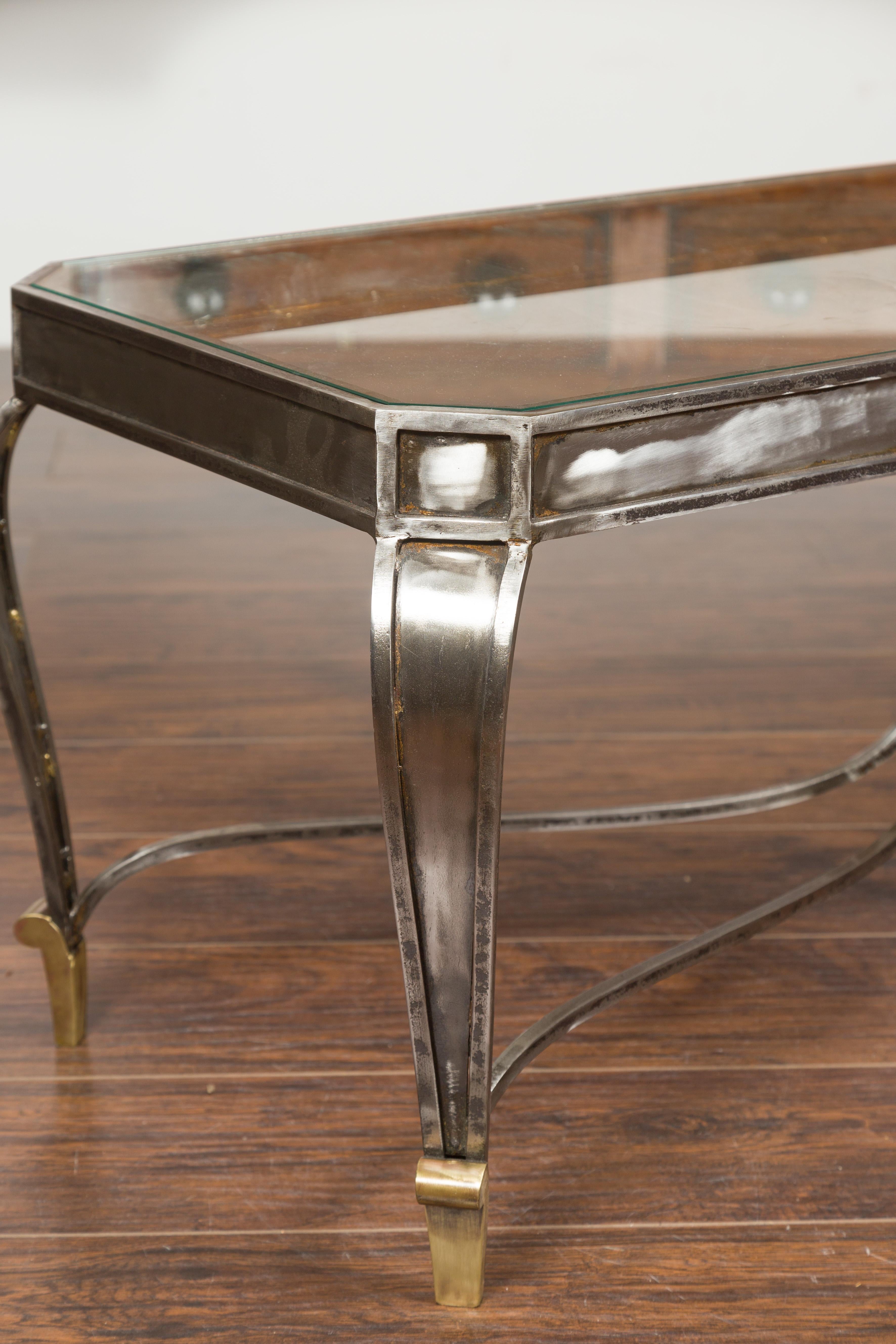 Italian Vintage Steel and Bronze Coffee Table with Glass Top and Feathery Finial 5